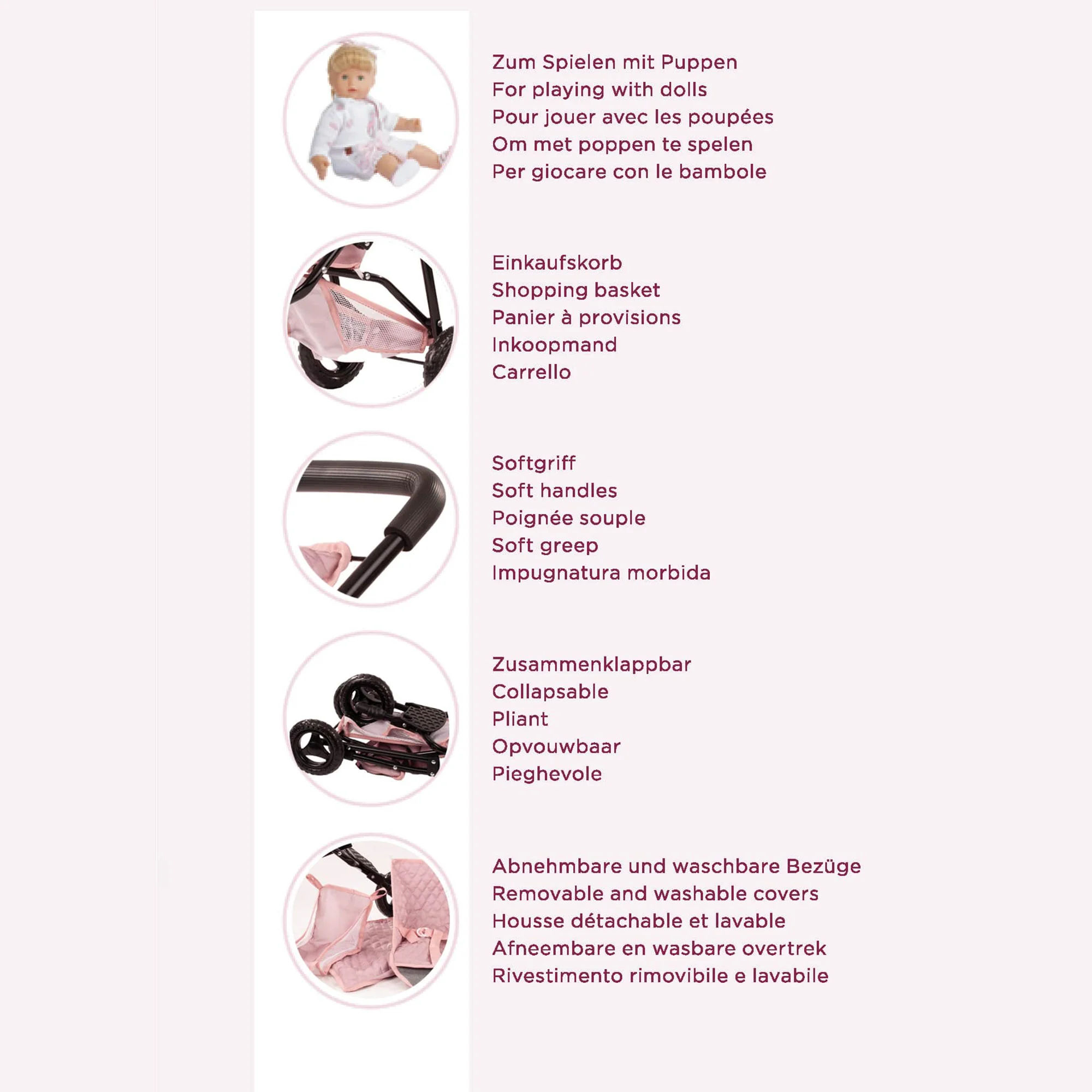 Götz 3-Wheel Doll Buggy With Adjustable Sunshade And Storage Basket - Image 5