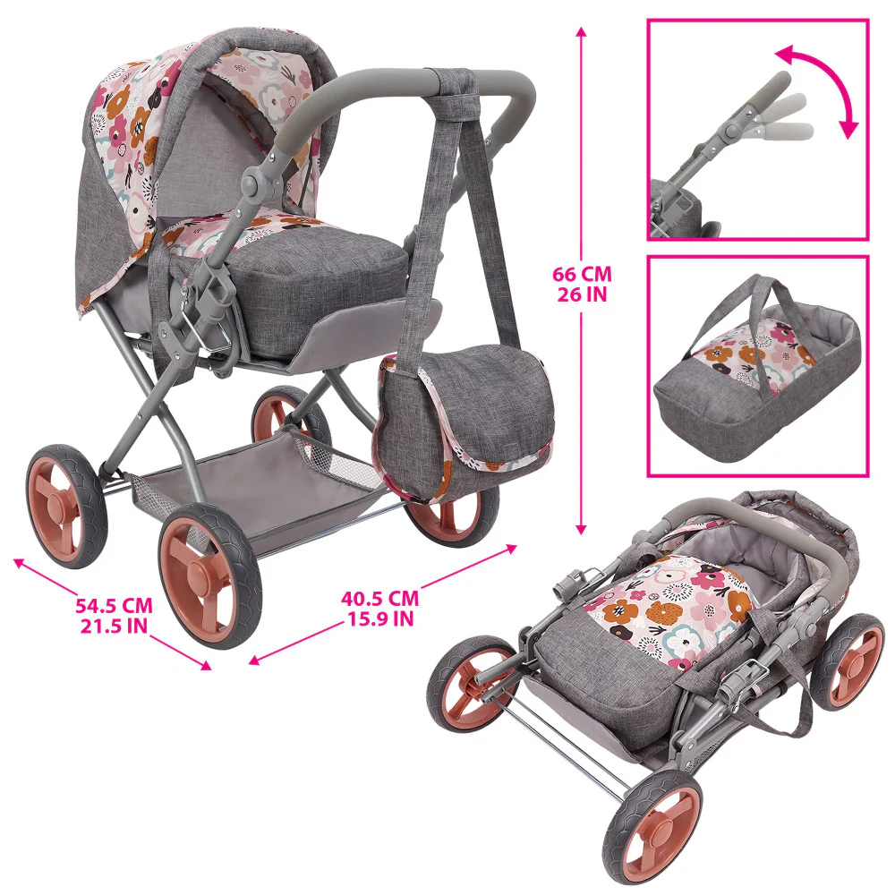 509 Crew Kelly Deluxe Doll Pram with Melange Flora Design and Matching Bag - Image 3