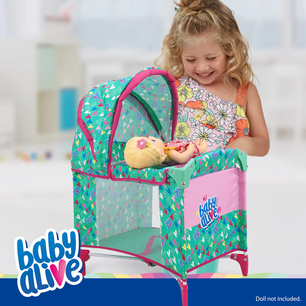 Baby Alive Deluxe Doll Play Yard with Canopy, Green & Pink Hearts - Image 2