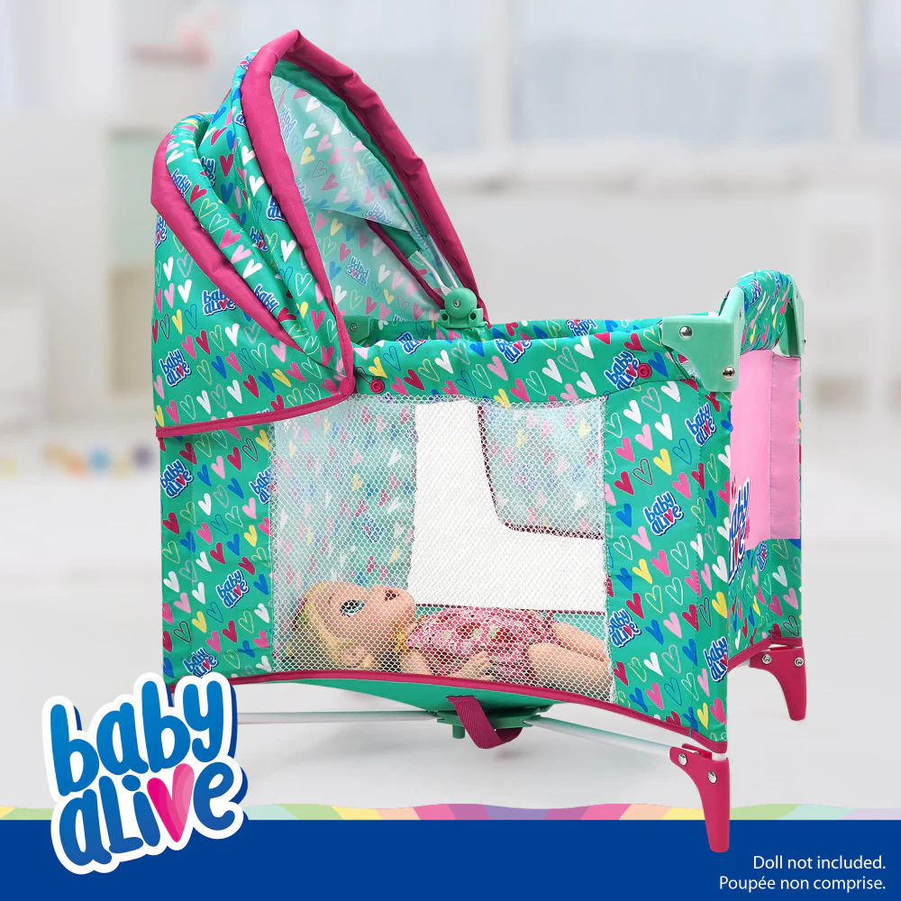 Baby Alive Deluxe Doll Play Yard with Canopy, Green & Pink Hearts - Image 3
