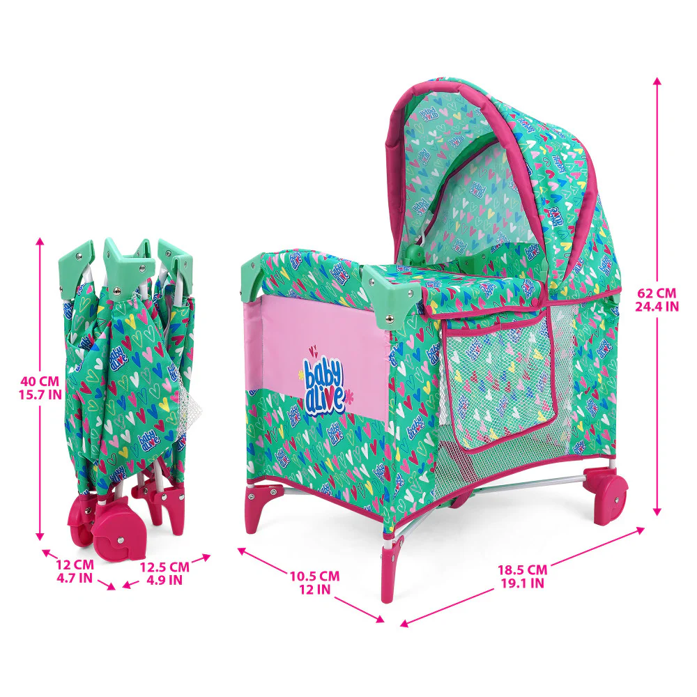 Baby Alive Deluxe Doll Play Yard with Canopy, Green & Pink Hearts - Image 5