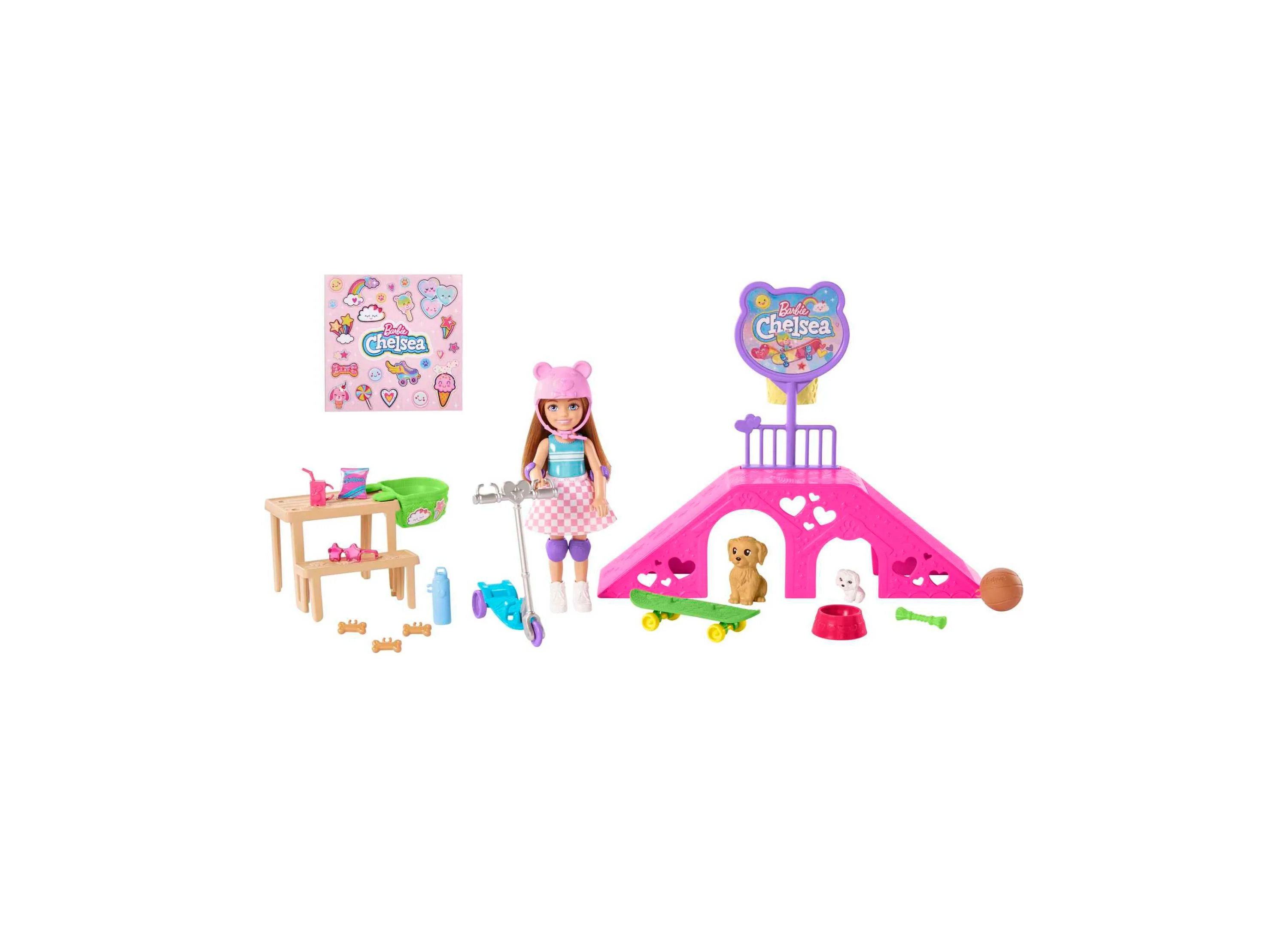 Barbie Chelsea Skatepark Playset with Doll, Scooter, and Pet Skateboard