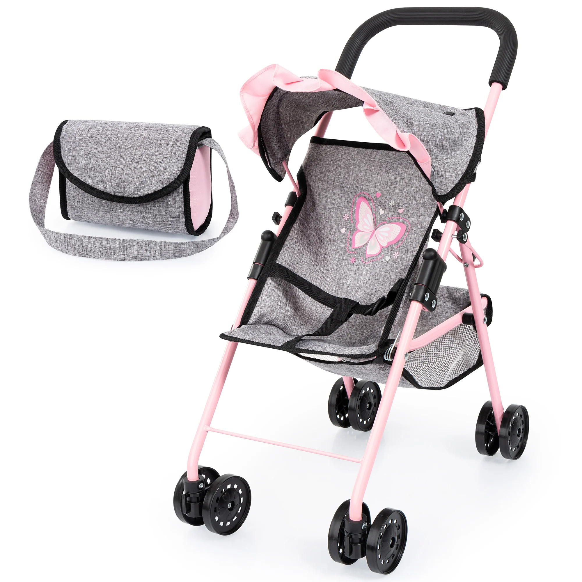 Bayer Design Doll Buggy - Play Stroller, Grey with Pink Butterfly Motif
