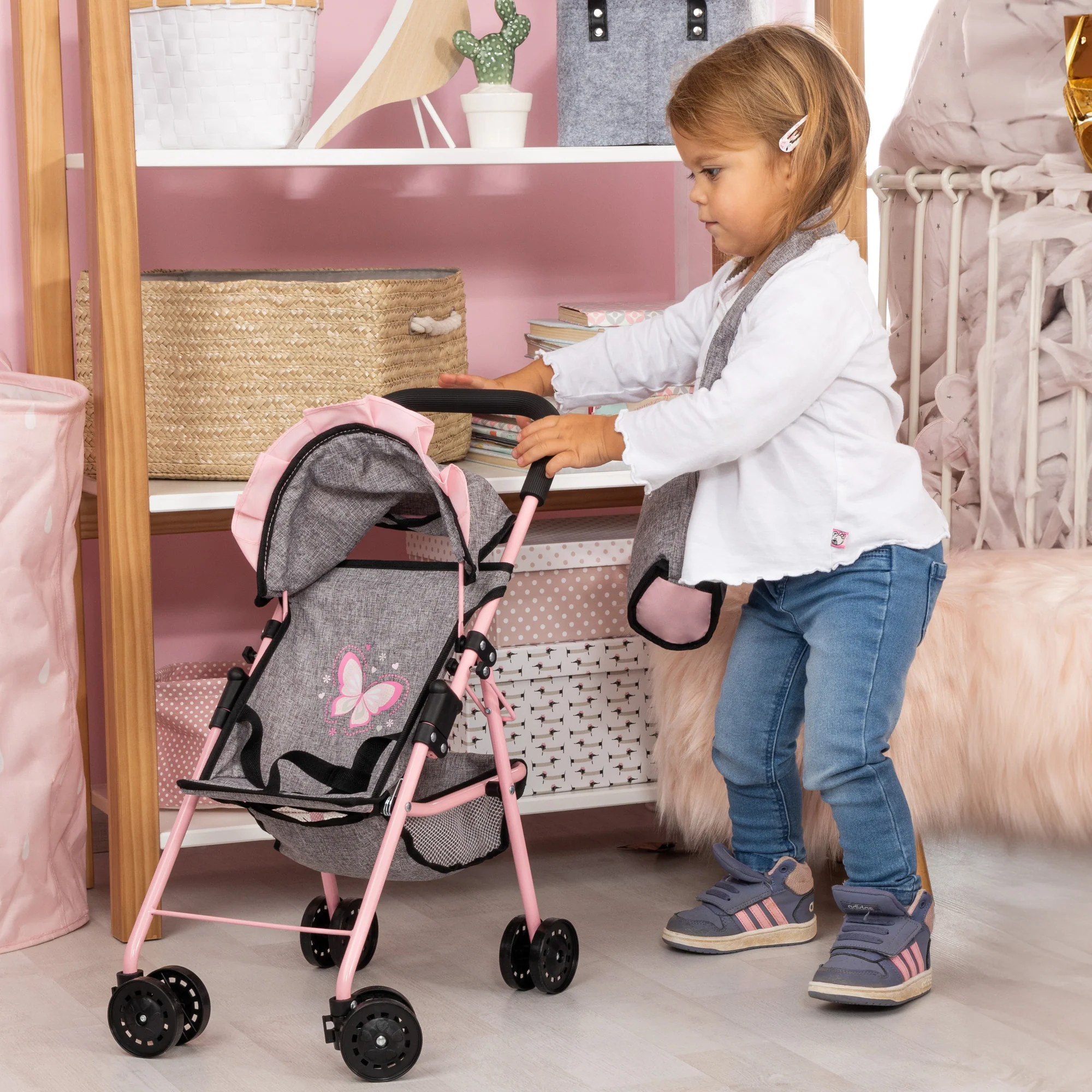 Bayer Design Doll Buggy - Play Stroller, Grey with Pink Butterfly Motif - Image 5
