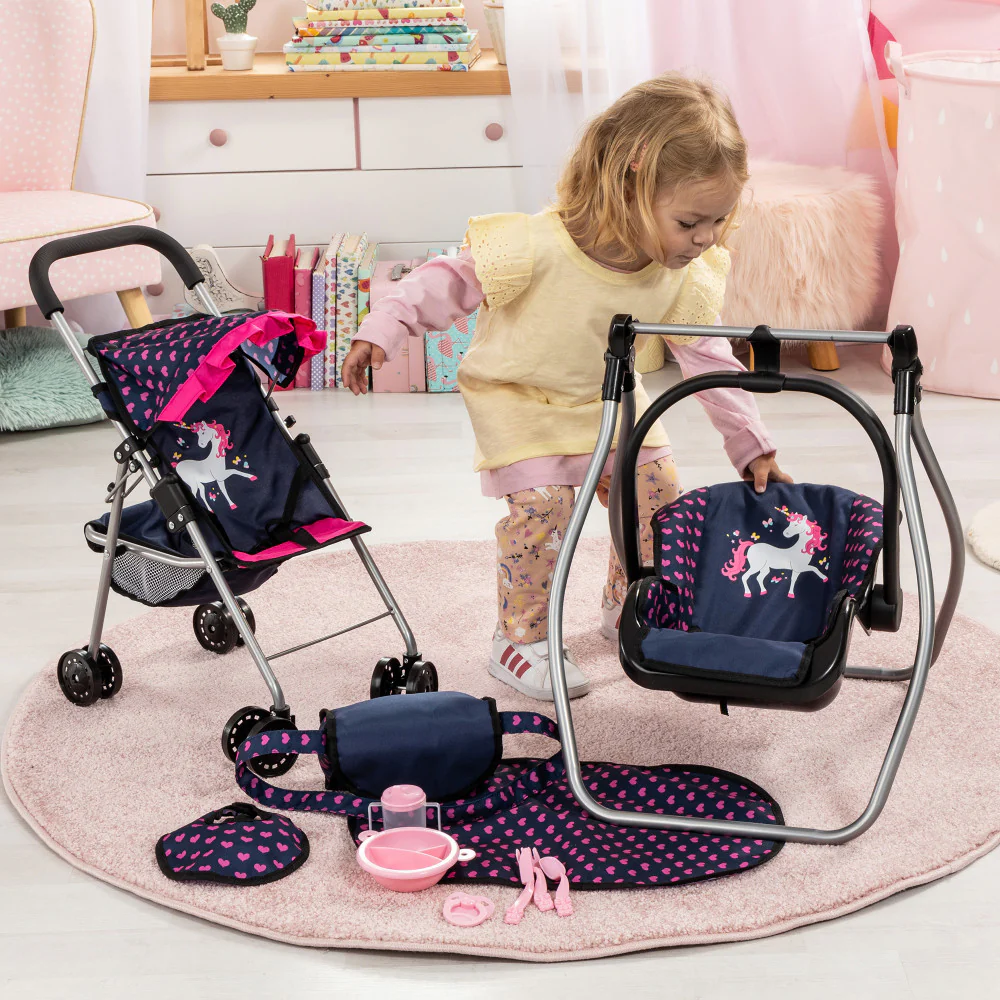 Bayer Design Dolls: 11 Piece Stroller Set - Navy, Pink, Hearts, Unicorn - Image 6
