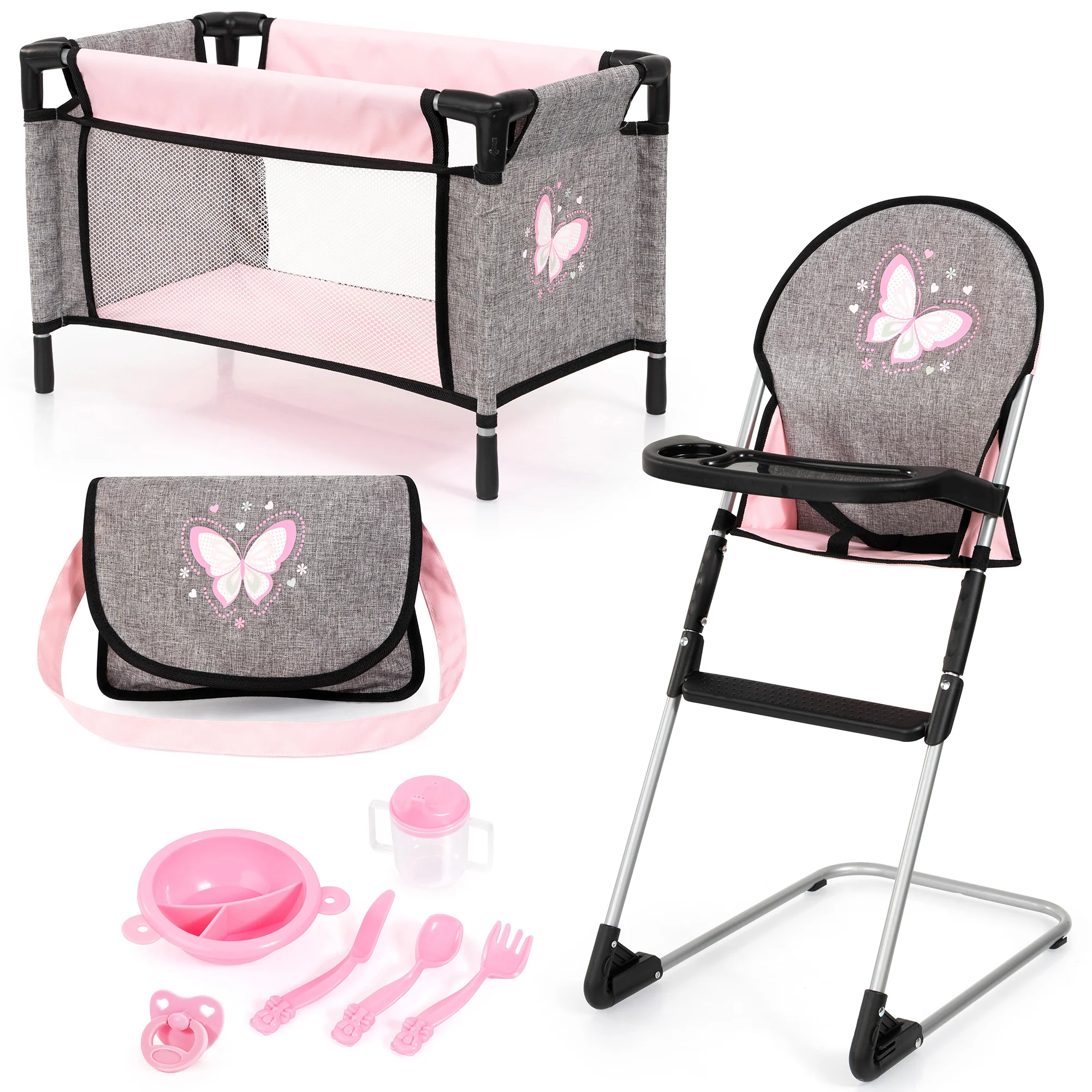 Bayer Design 9-In-1 Doll Travel Bed Set With Highchair And Accessories