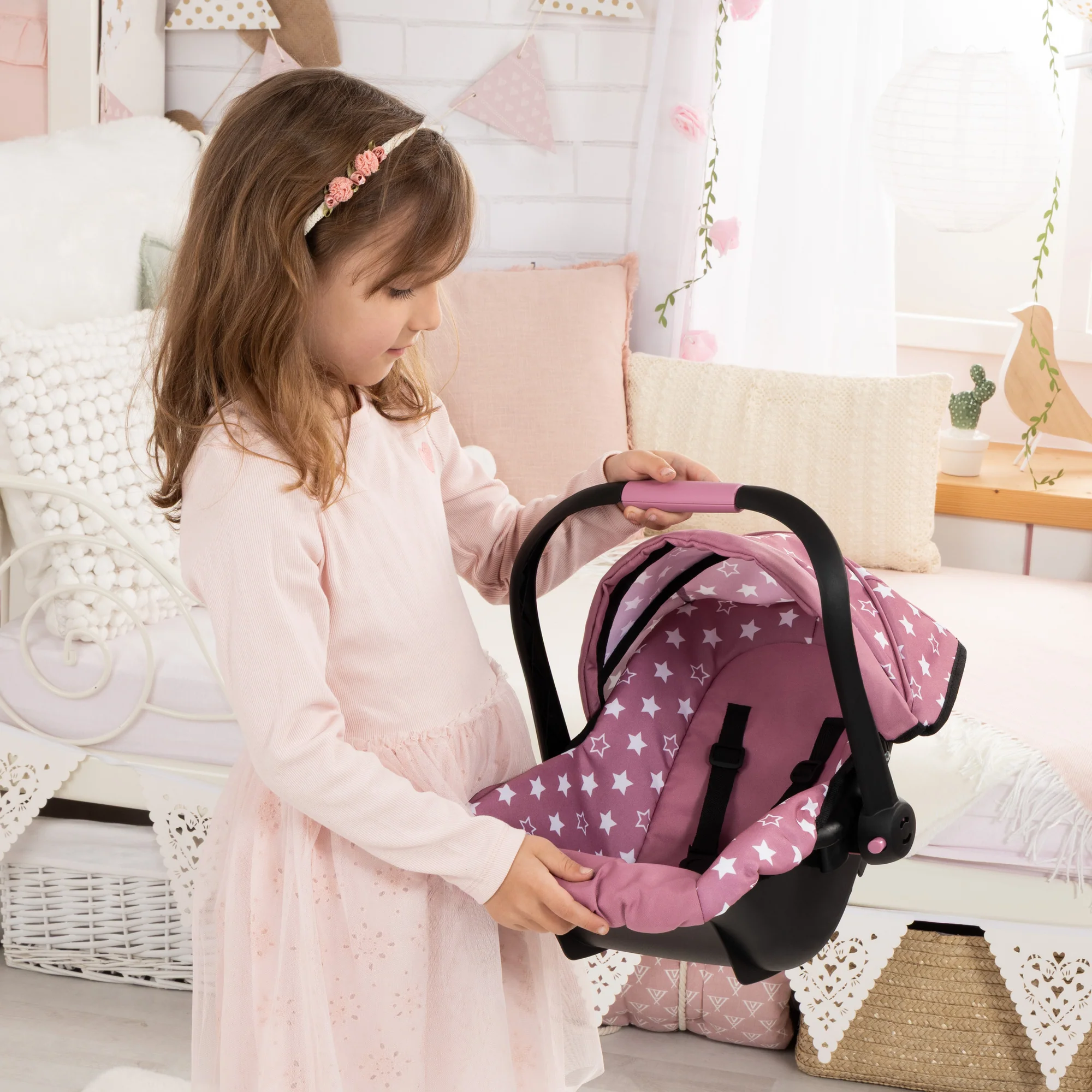 Bayer Design Deluxe Doll Car Seat With Canopy And Handle - Pink & Stars - Image 5