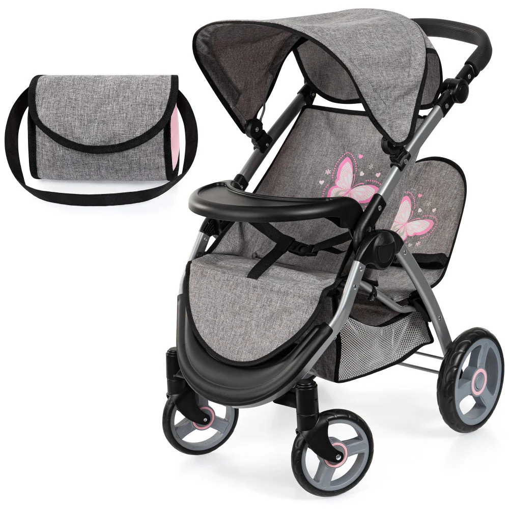 Bayer Design Twin Star Doll Stroller, Adjustable Handle, Grey & Pink Butterfly, Ages 3+