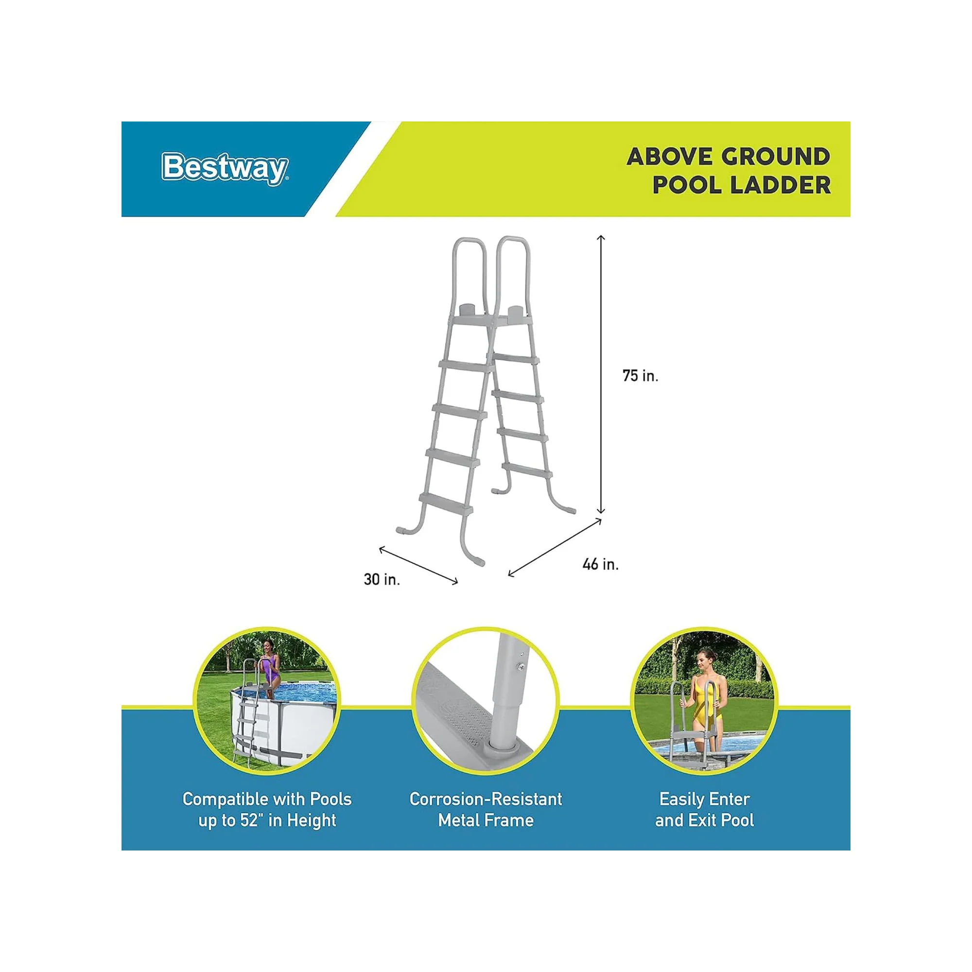 Bestway: 52" Steel Above Ground Swimming Pool Ladder No-Slip Steps - Image 2