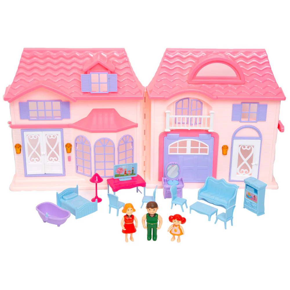 Boley Doll House Playset - Pink & Purple - 16pc with 3 Family Dolls for Kids 3+