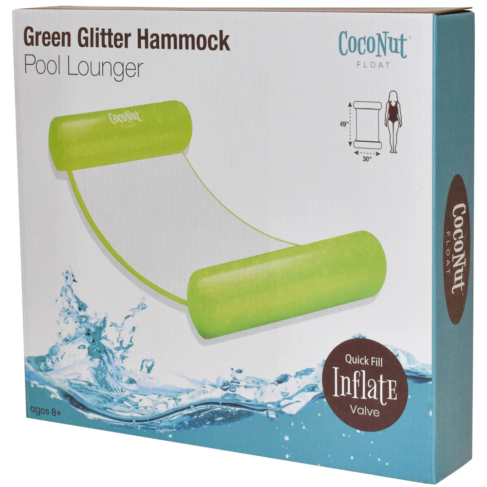 CocoNut Float Green Glitter Hammock Pool Lounger - 49" x 30" Inflatable Relaxation Chair