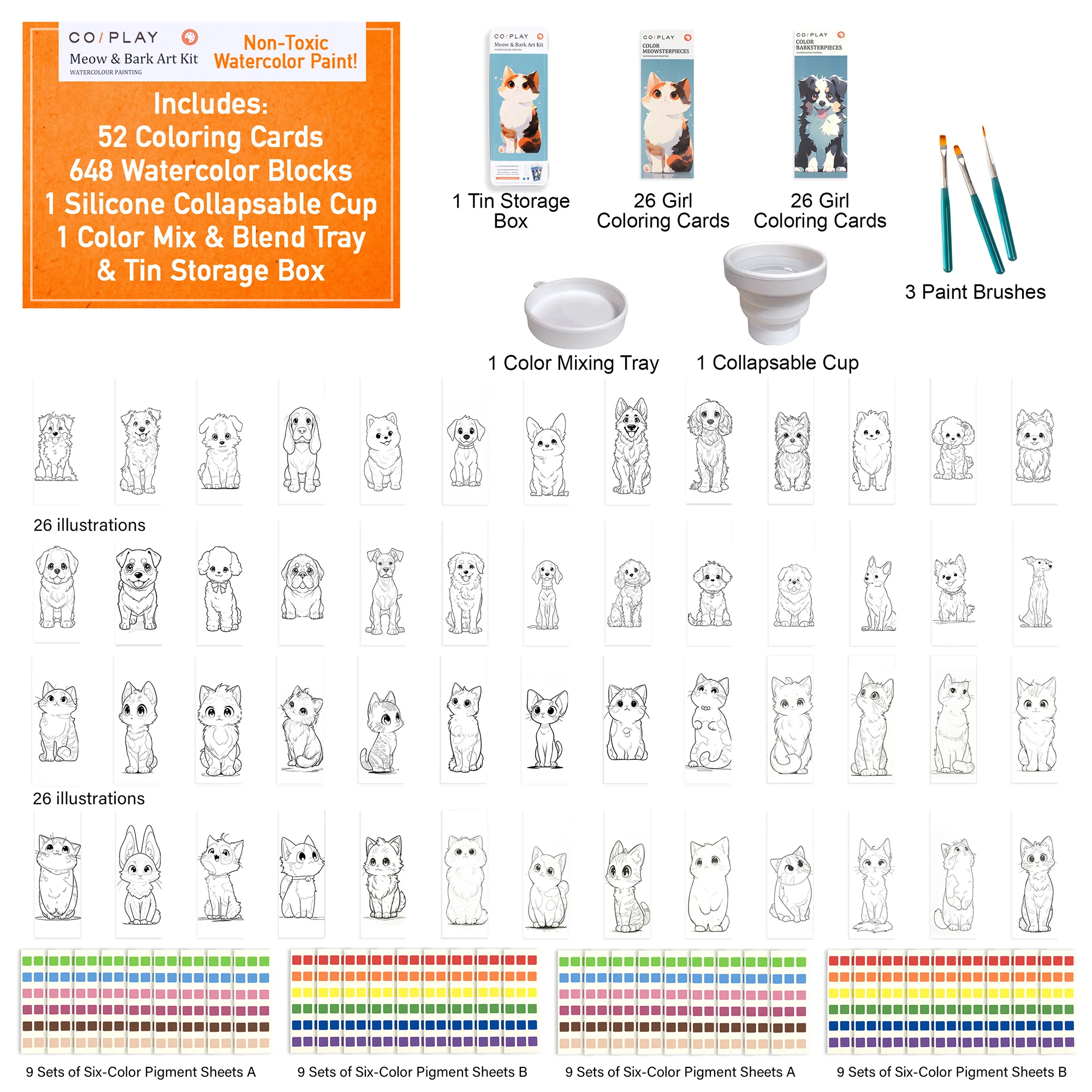 COIPlay Meow & Bark Watercolor Art Kit With 648 Paint Blocks And 52 Animal Bookmarks - Image 4