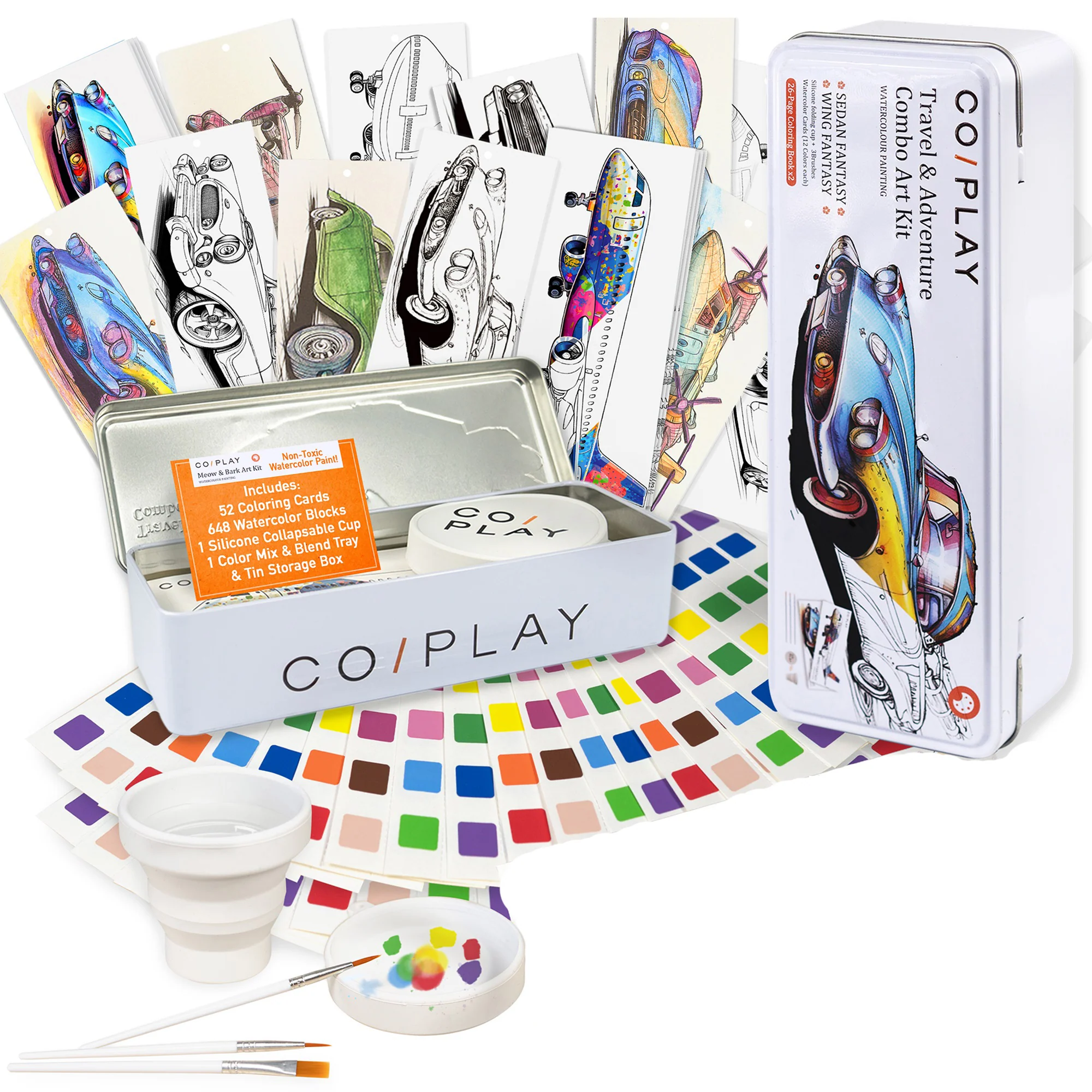 COIPLAY Watercolor Art Kit - Travel & Adventure - 648 Colors, 52 Bookmarks, Brushes & Tin Case