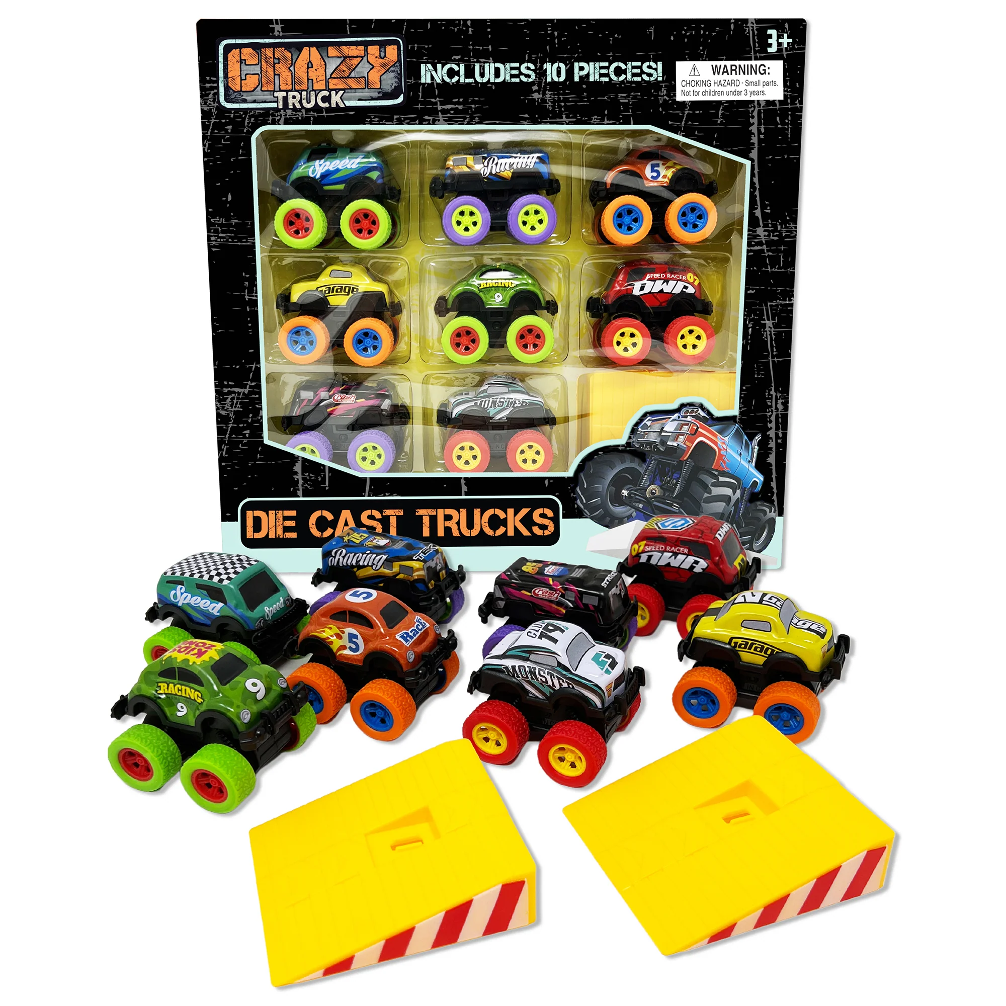 Crazy Truck Die Cast Trucks Set - 10pc Friction Cars & Stunt Ramps for Kids 3+