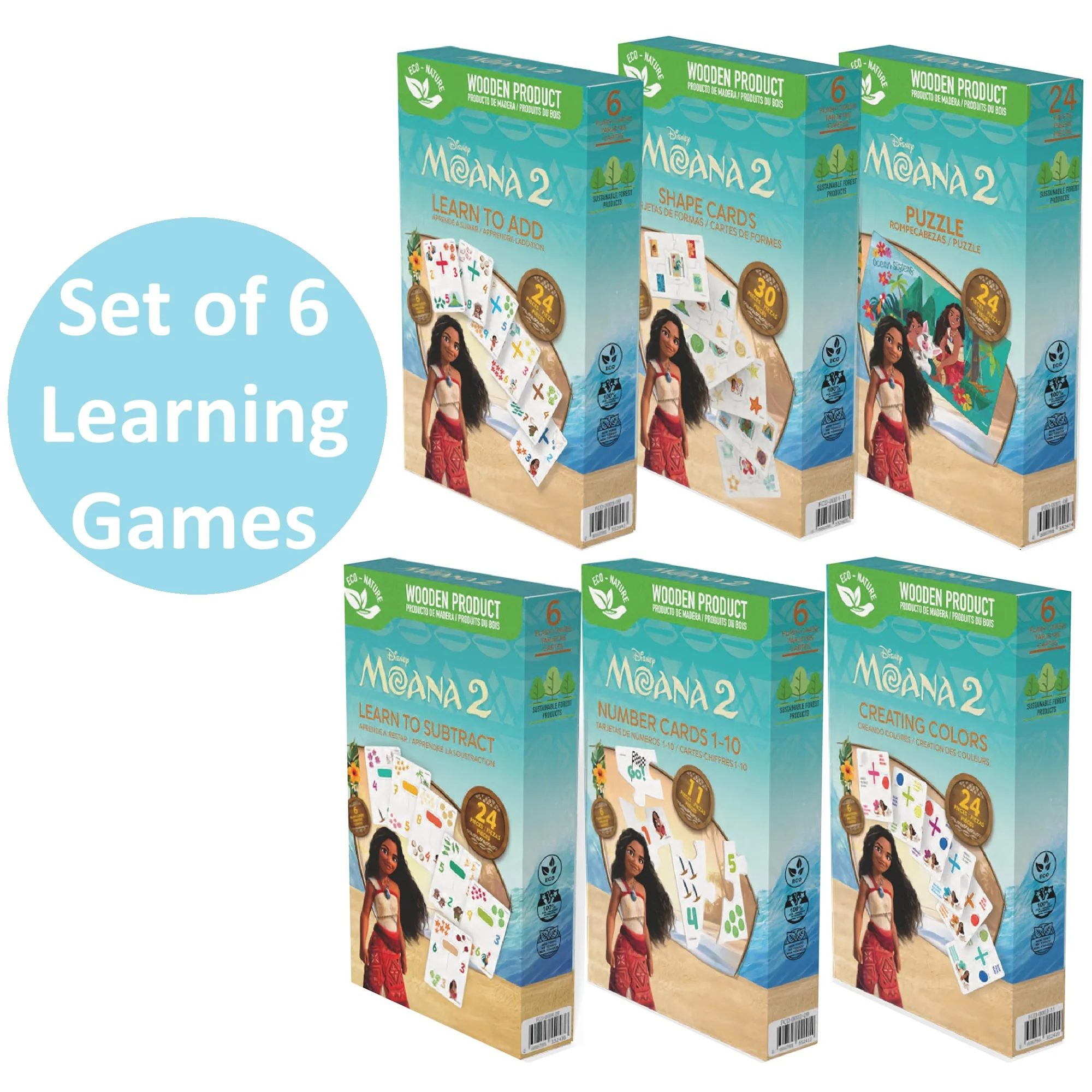 Disney Moana 2 Bilingual Learning Games 6-In-1 Wooden Flash Cards Set - Image 2