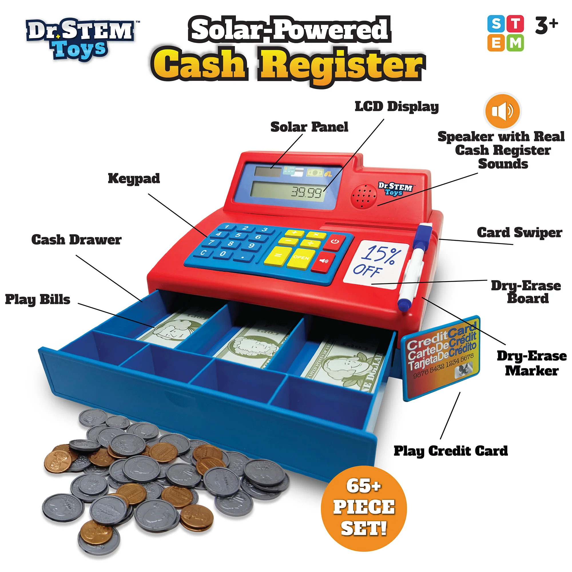 Dr. STEM: Solar-Powered Cash Register - Red - 68pc Educational Store Roleplay Toy - Image 2
