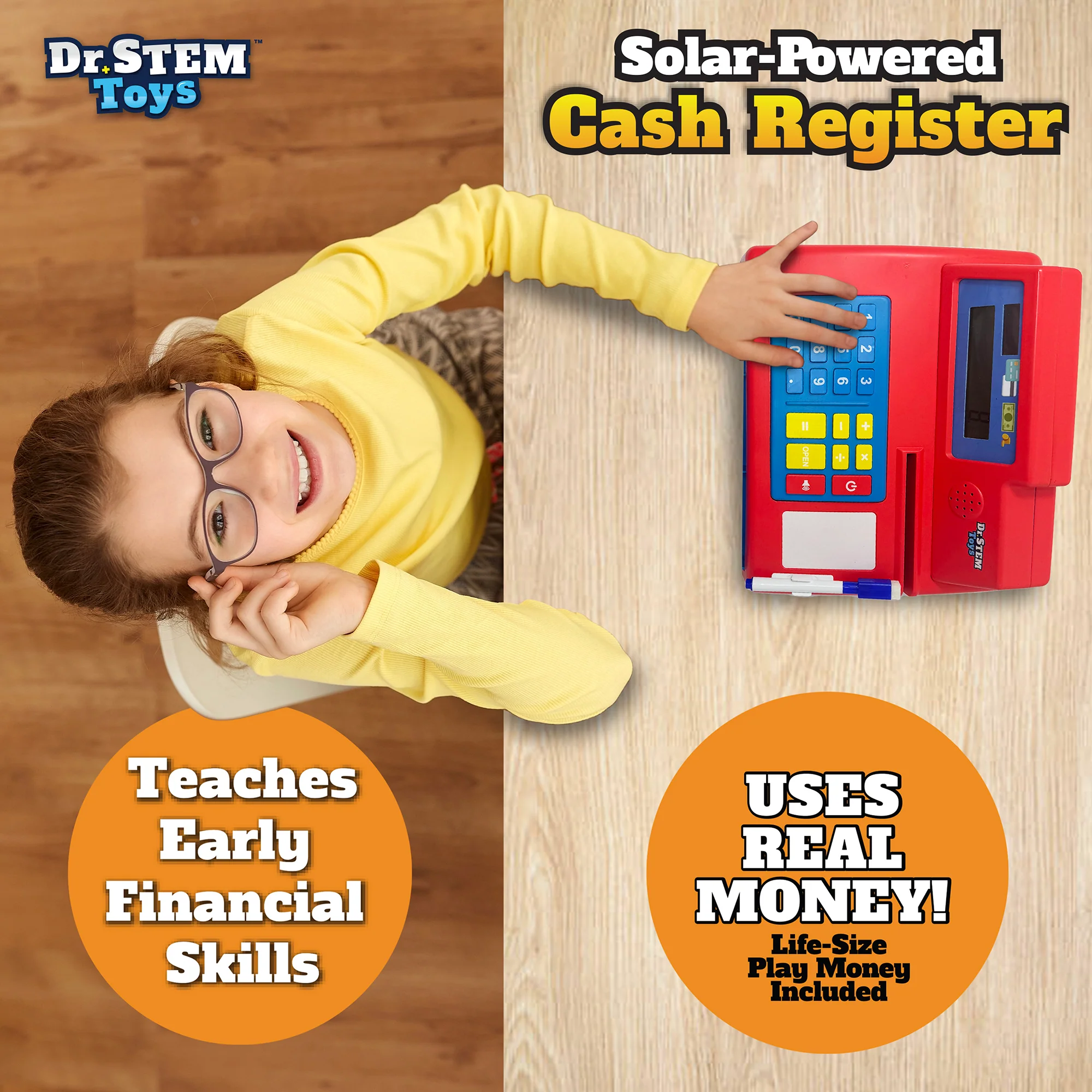 Dr. STEM: Solar-Powered Cash Register - Red - 68pc Educational Store Roleplay Toy - Image 3