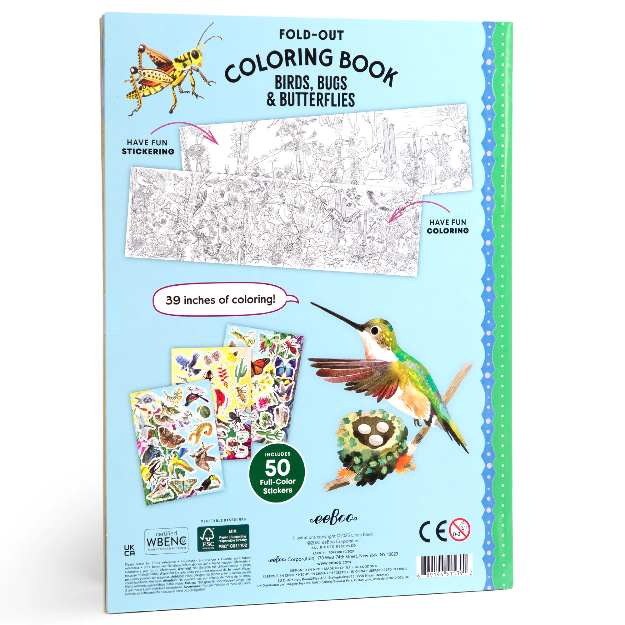 eeBoo Bugs, Birds & Butterflies Fold-Out Coloring Book with 50 Stickers, 39" Space - Image 2