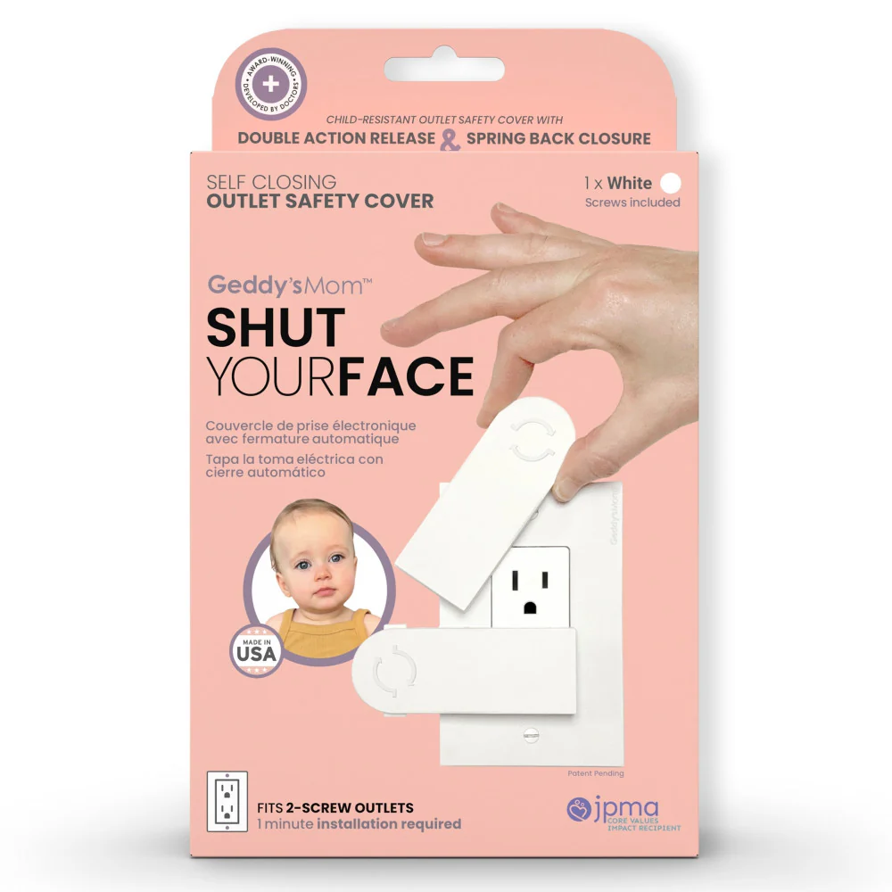 Geddy's Mom: Shut Your Face - White - Self-Closing Outlet Safety Cover