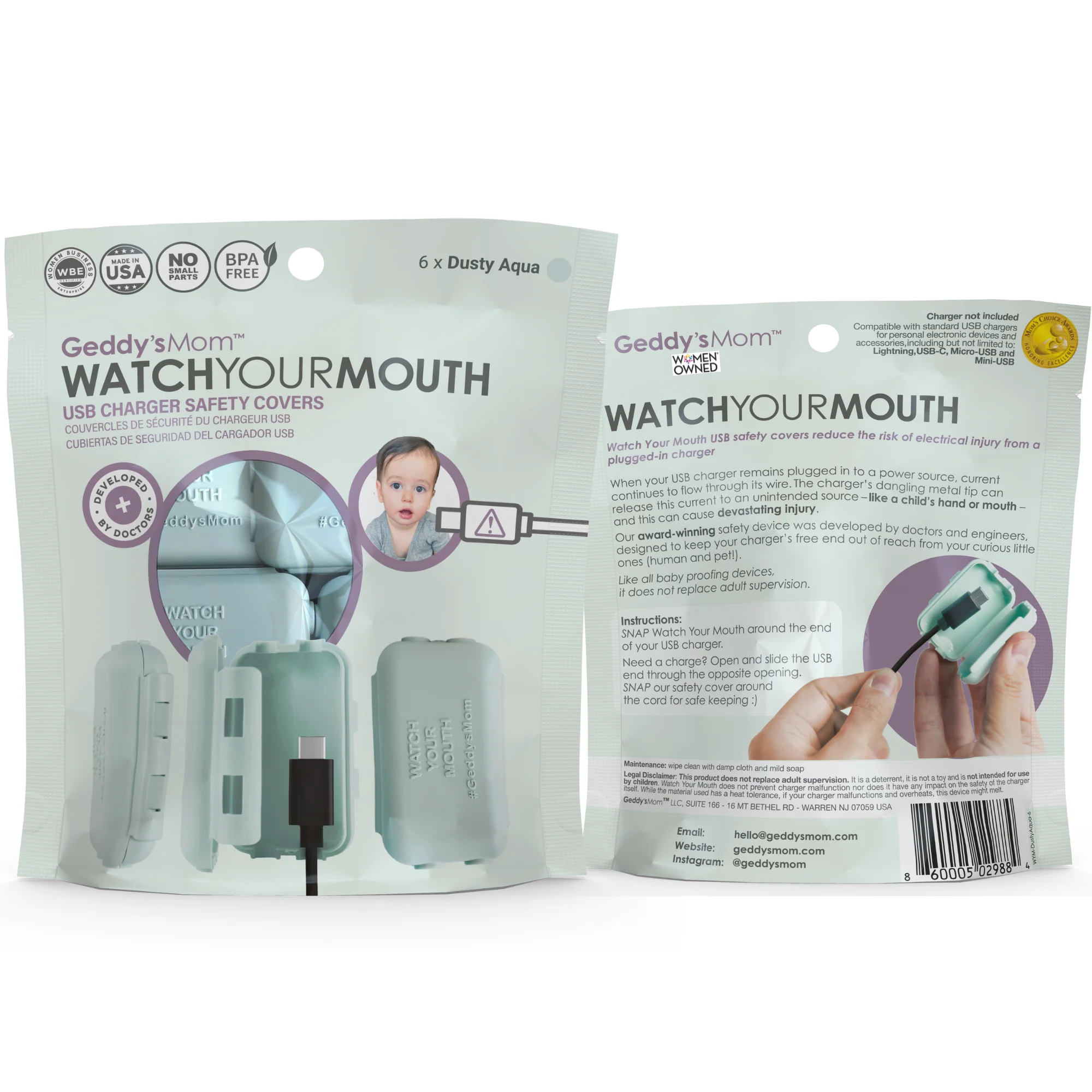 Geddy's Mom Watch Your Mouth - Baby Proofing USB Charger Cover - Dusty Aqua 6-Pack - Image 2