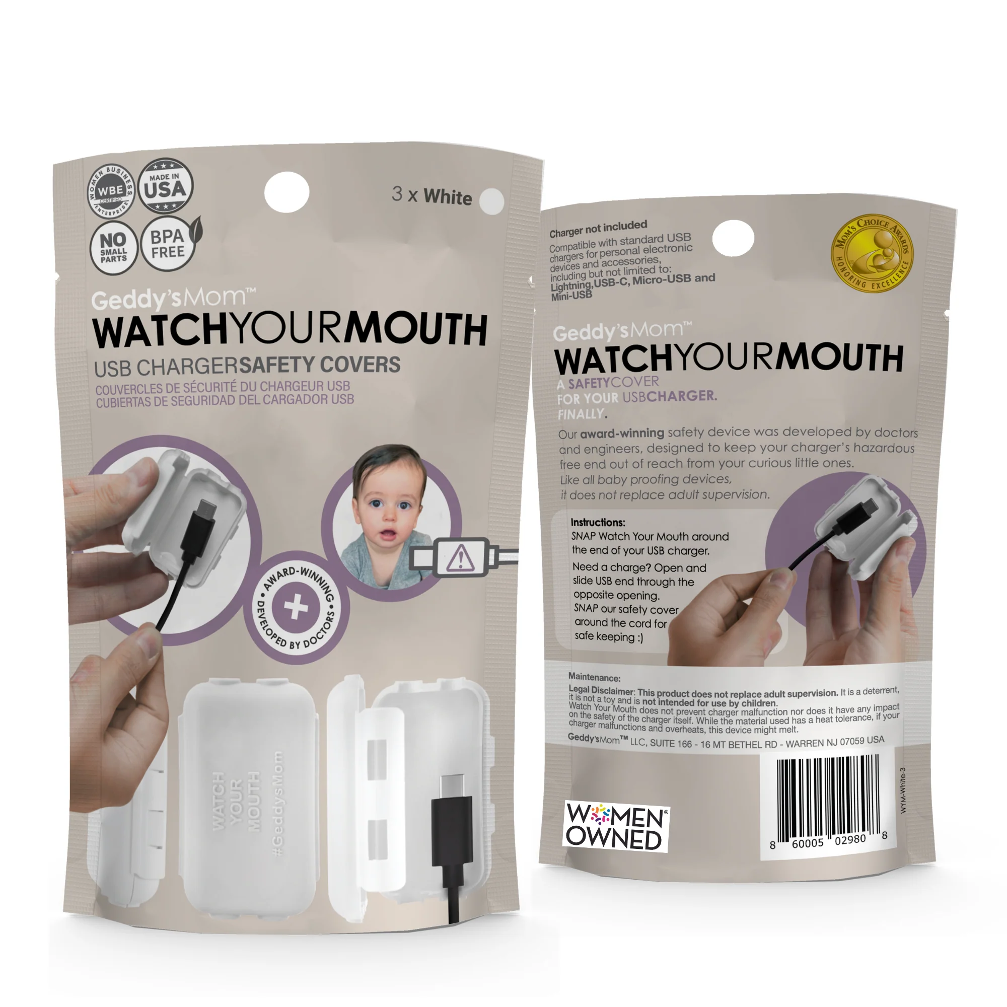 Geddy's Mom Watch Your Mouth - Baby Proofing USB Charger Safety Cover - White 3 Pack - Image 2