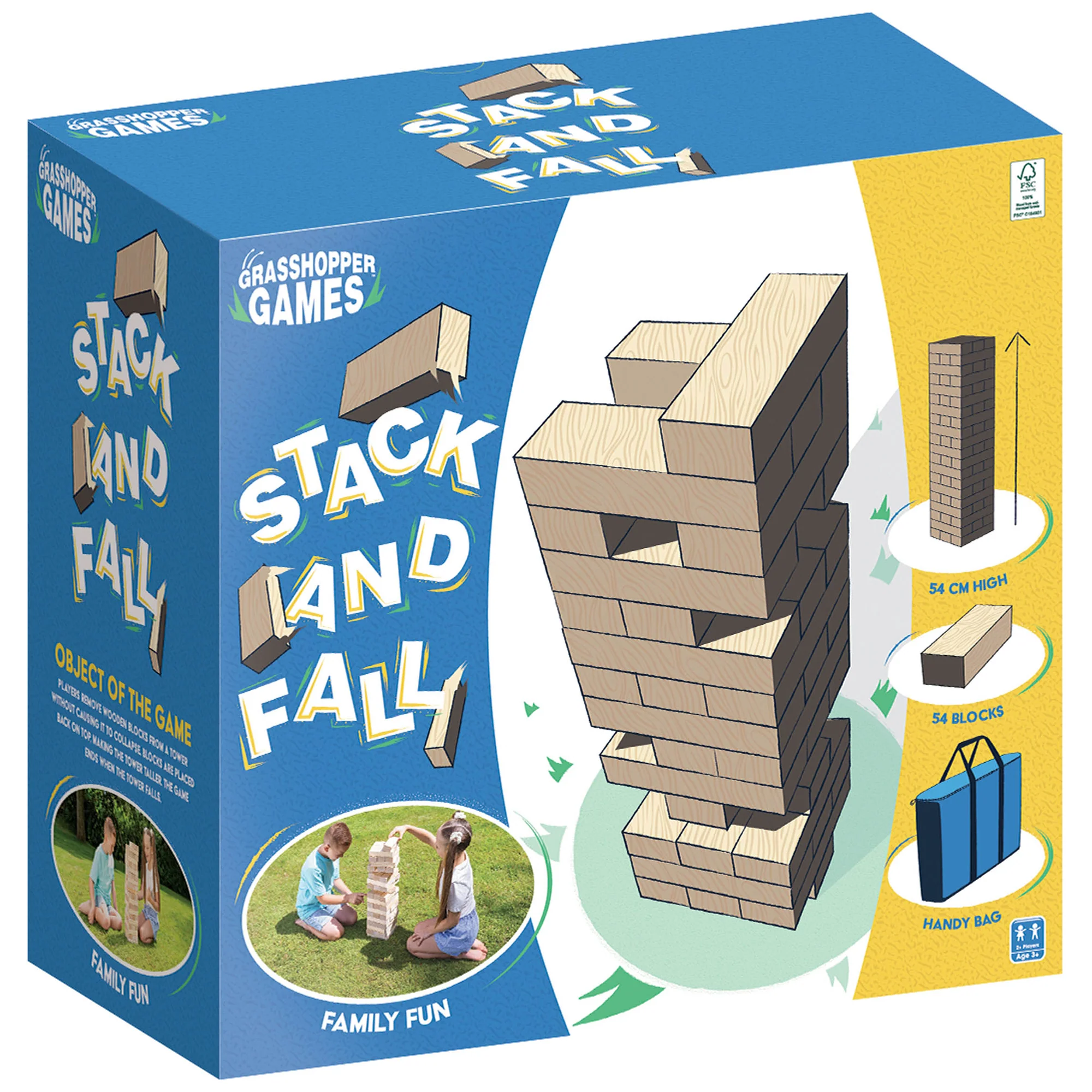 Grasshopper Games Giant Stack 'N' Fall Wooden Block Game with Carry Bag, Family Friendly - Image 2
