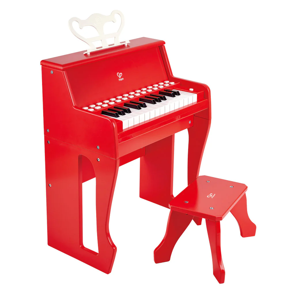 Hape Red Learn With Lights Piano and Stool - Wooden Electric Musical Toy