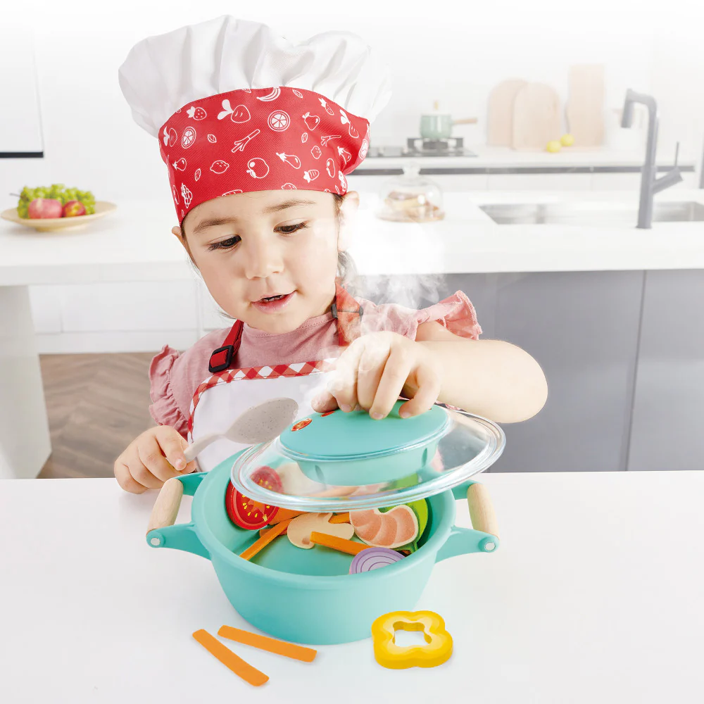 Hape Little Chef Teal Wooden Kitchen Playset - 9pc Cooking & Steam Set - Image 6