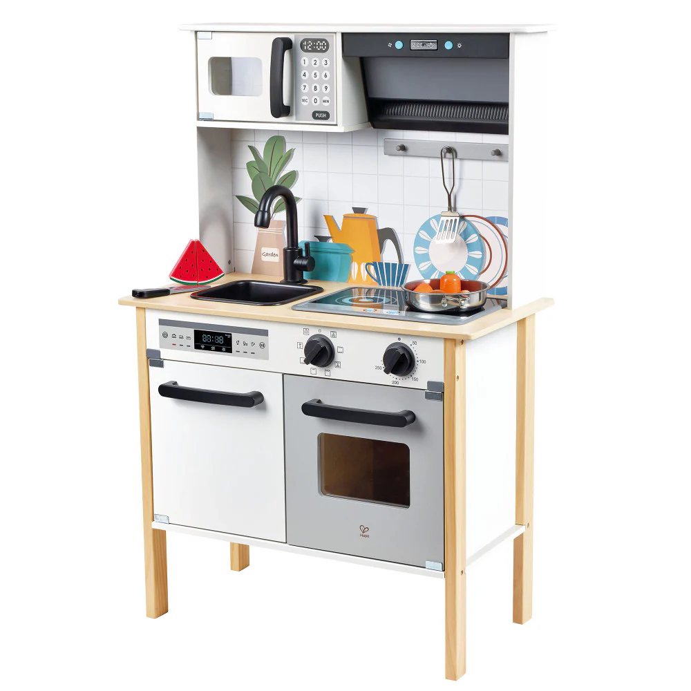 Hape Modern Smart Kitchen Playset - Interactive White 12pc Set with Lights and Sounds