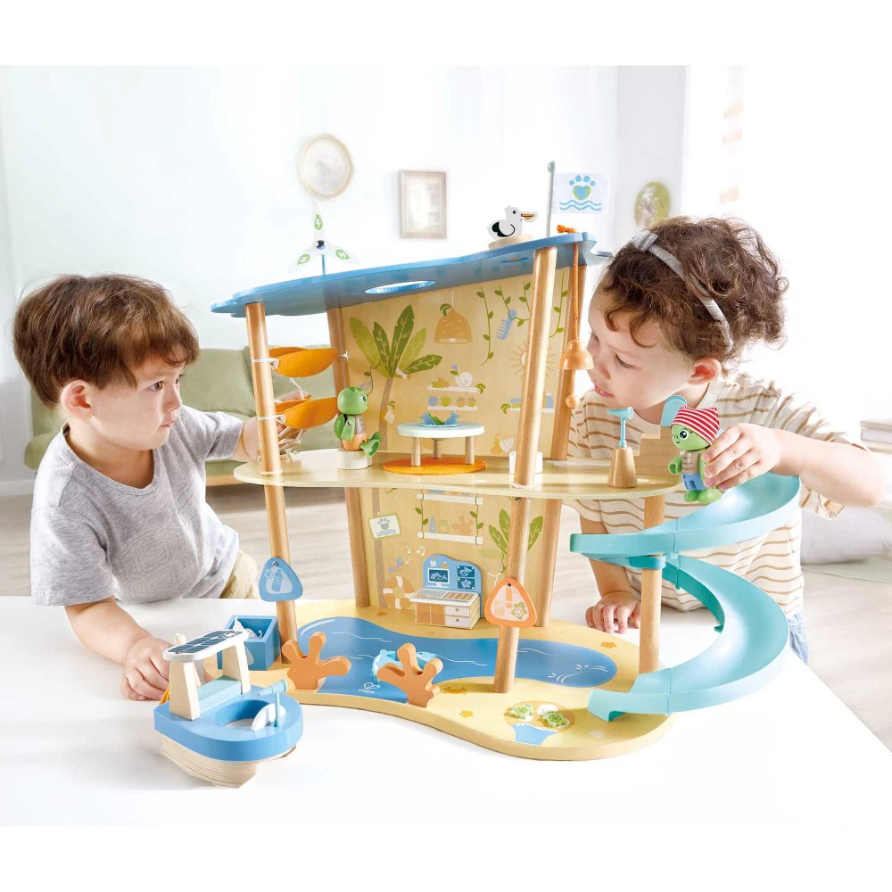 Hape Ocean Rescue Playset - 47pc Wooden 2-Level Doll House with Slide - Image 2