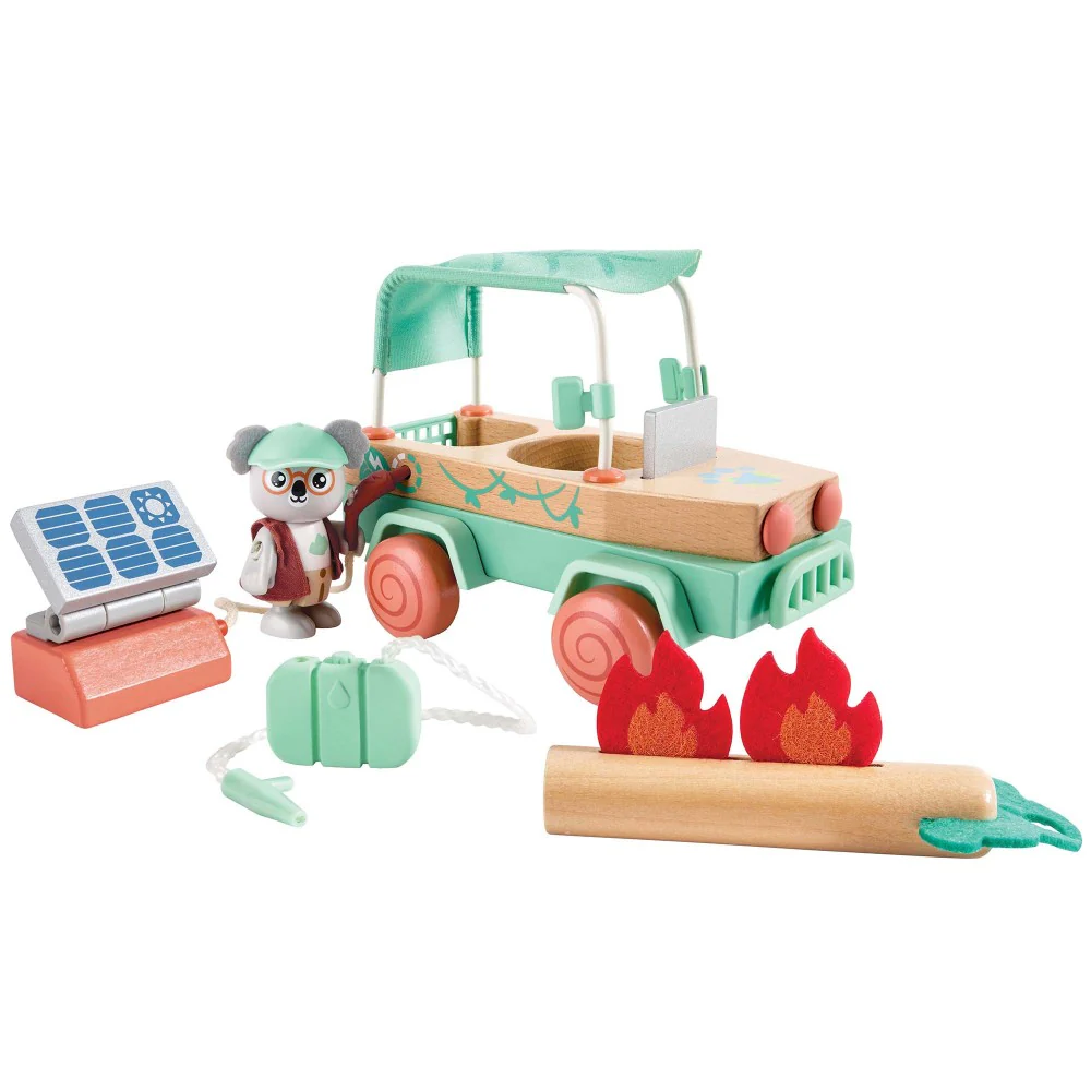 Hape Solar Offroad Adventure 11pc Wooden Toy Car Set with Eco Mission