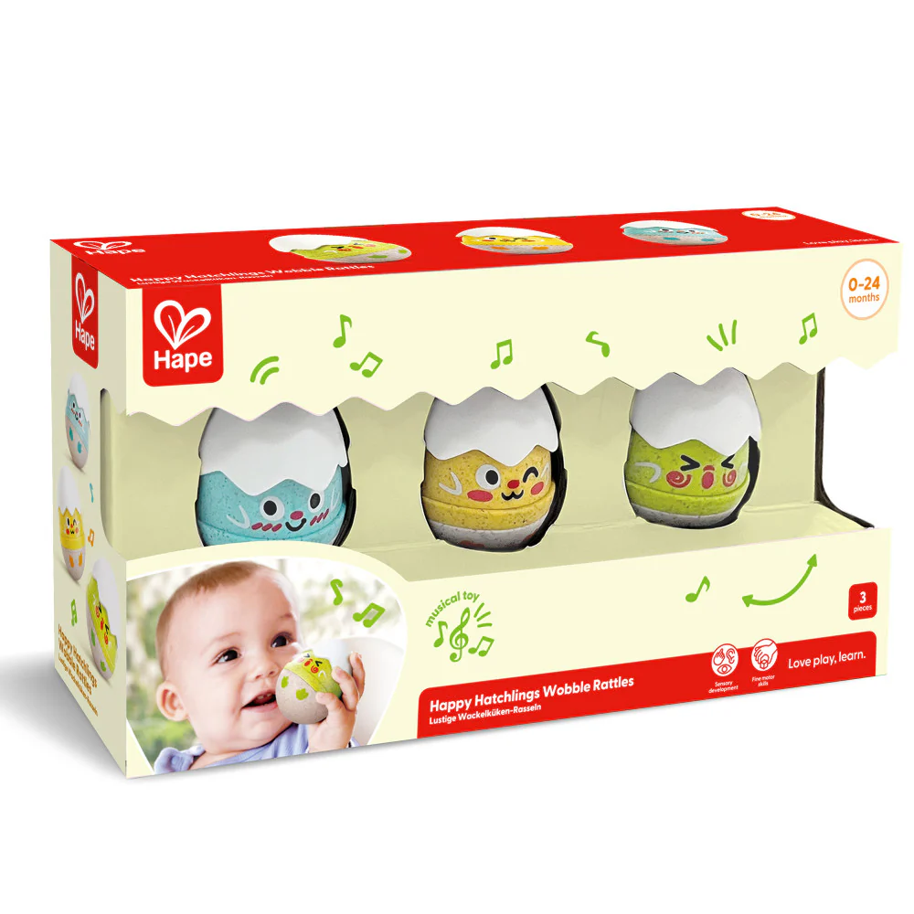 Hape Happy Hatchlings Wobble Rattles – 3pc, Emotive Eggs Edition