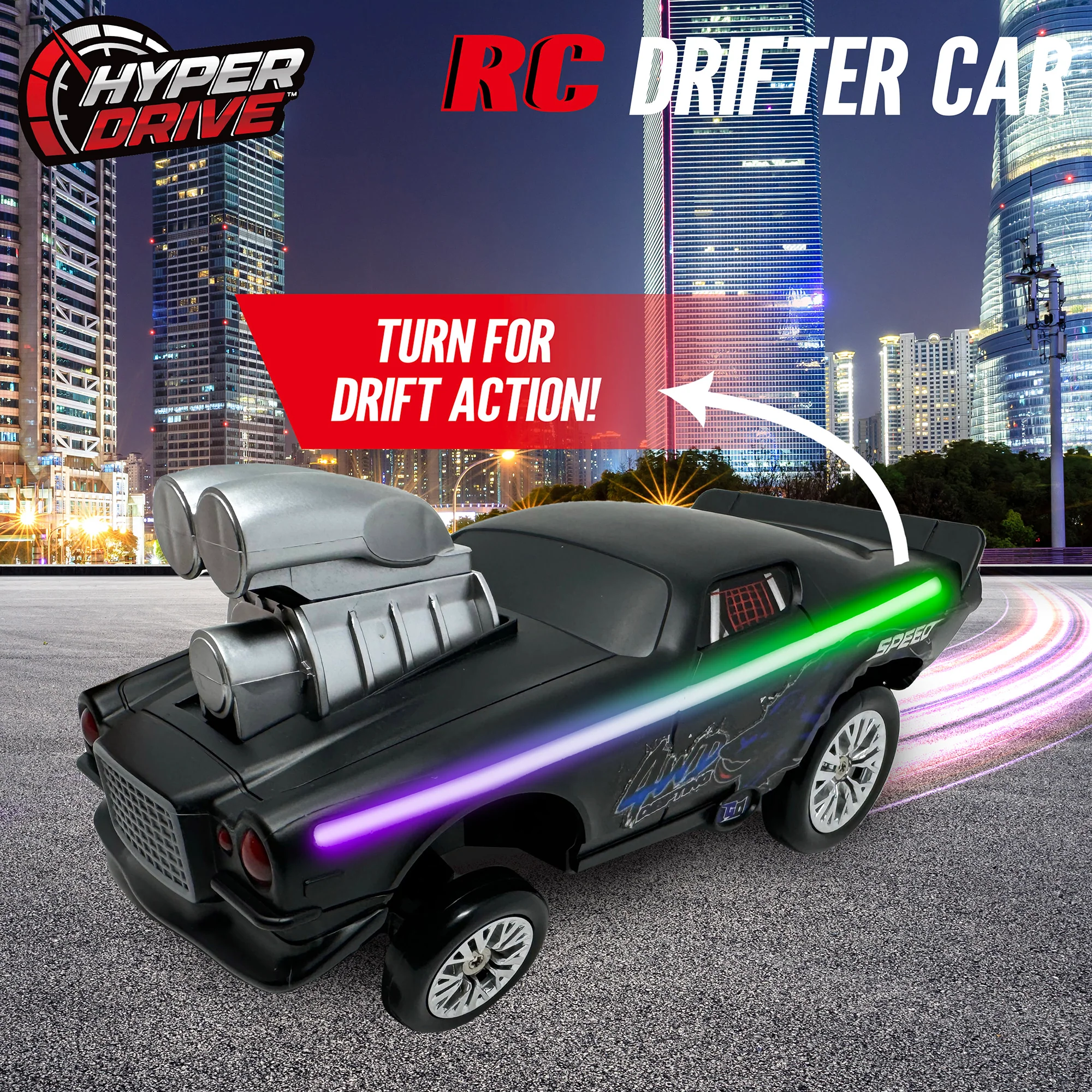 Hyper Drive RC 1:16 Scale Street Racer - Black-Green with LED Lights - Image 3
