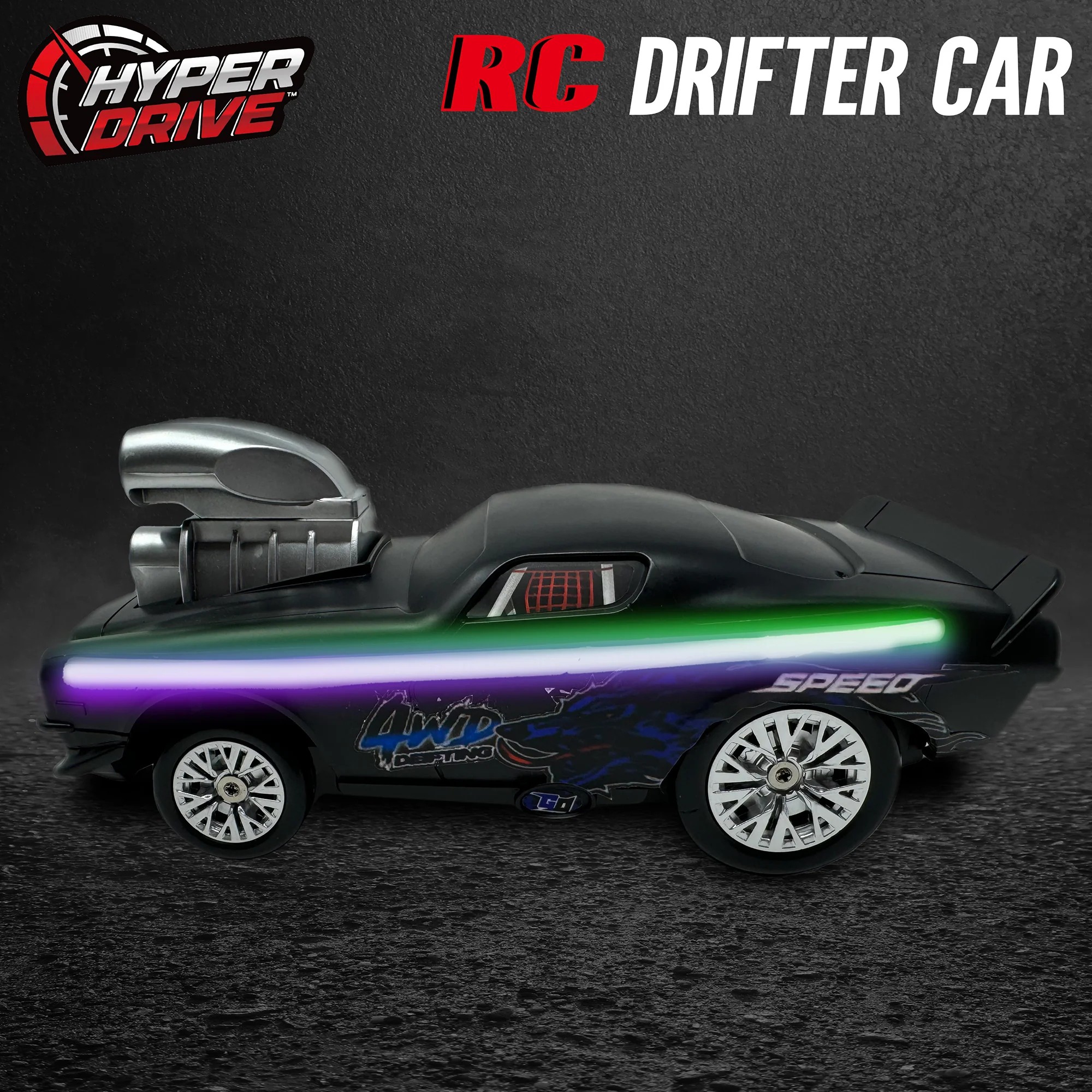 Hyper Drive RC 1:16 Scale Street Racer - Black-Green with LED Lights - Image 5