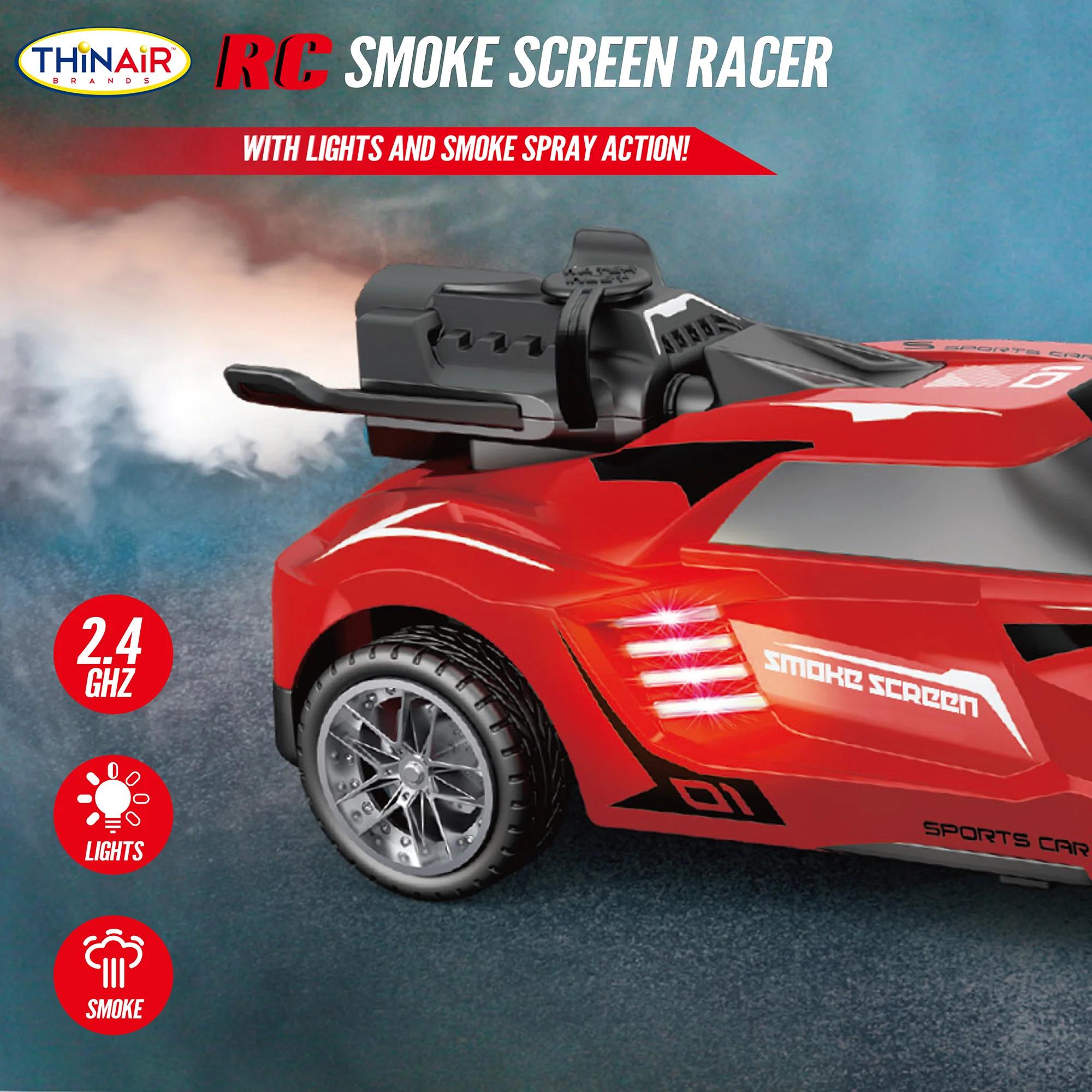Thin Air Brands Hyper Drive RC Smoke Screen Racer - Red Light-Up Car with Vapor Mist - Image 3
