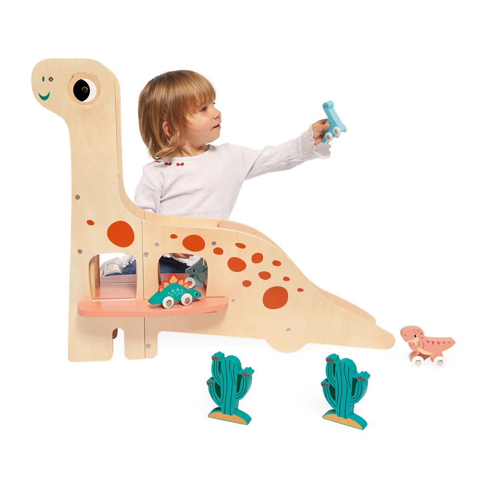 Janod Dino Diplodocus Themed Wooden Garage with Dinosaur Toys - Image 3