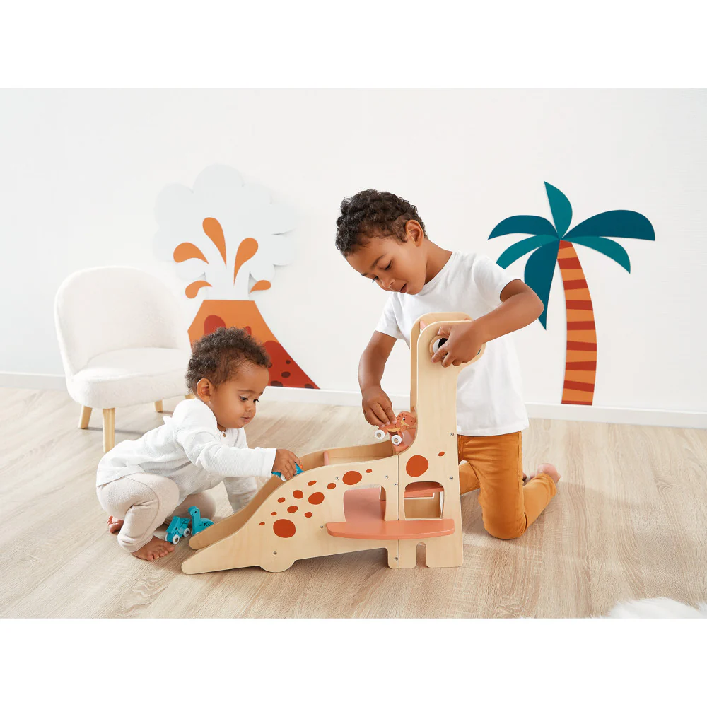 Janod Dino Diplodocus Themed Wooden Garage with Dinosaur Toys - Image 4