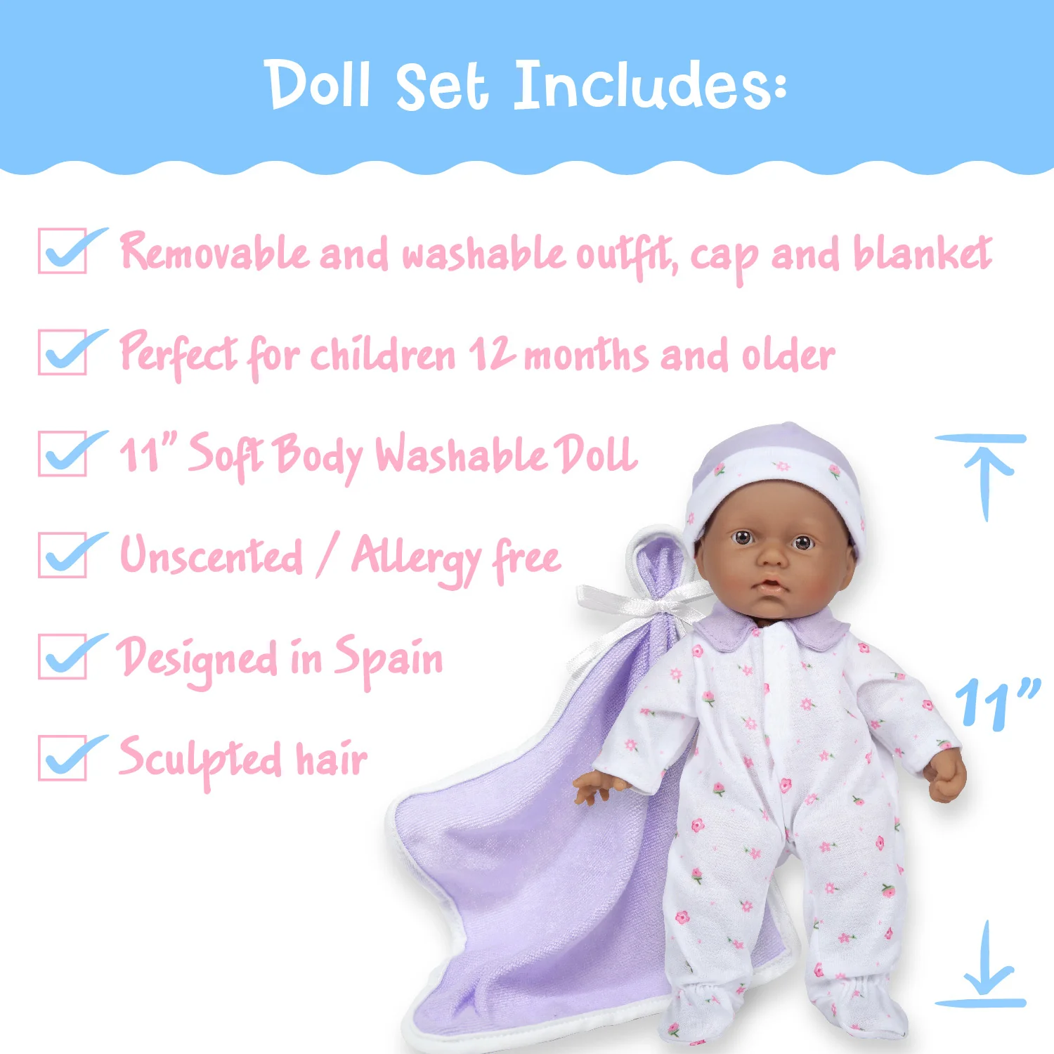 JC Toys La Baby Soft 11-inch Doll with Blue Blanket and Matching Pacifier - Image 6