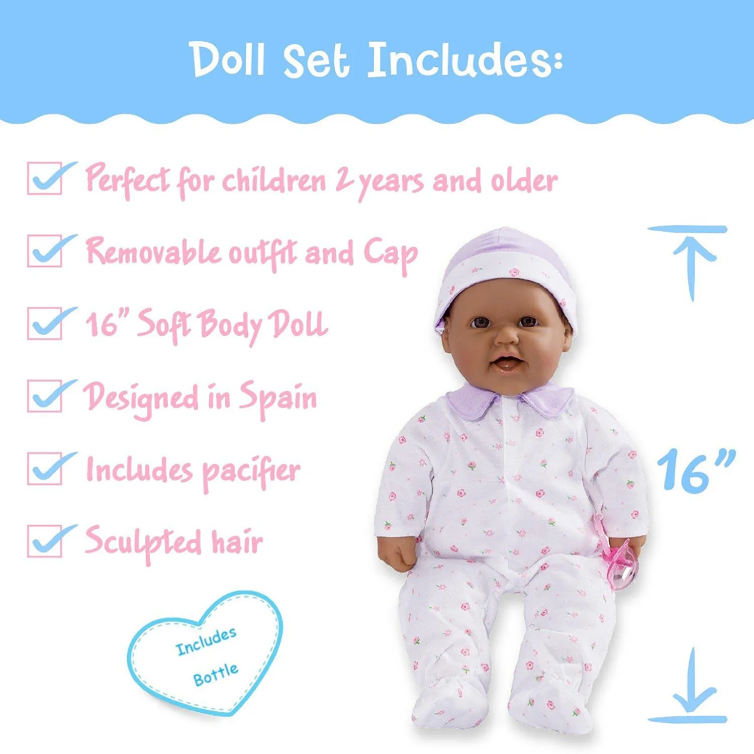 JC Toys La Baby Soft 16-inch Doll - Purple Outfit with Pacifier - Image 3