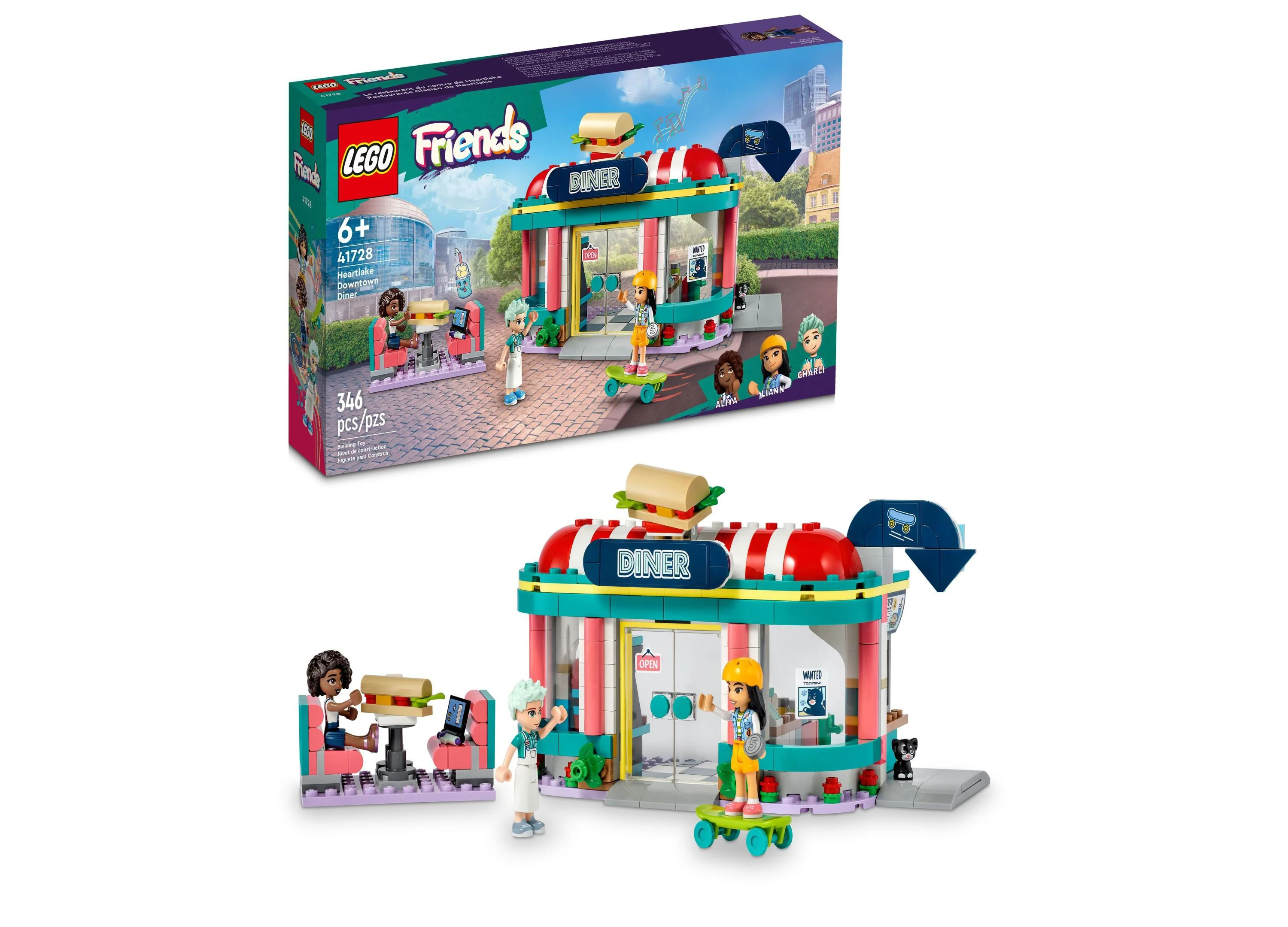 LEGO® Friends Heartlake Downtown Diner 41728 Toy Building Set with Liann, Aliya and Charli Figures