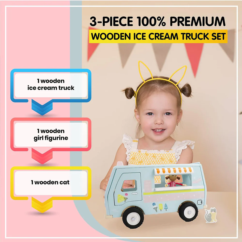 LEO & FRIENDS Wooden Ice Cream Van Playset - Pastel 3 Pieces - Image 4