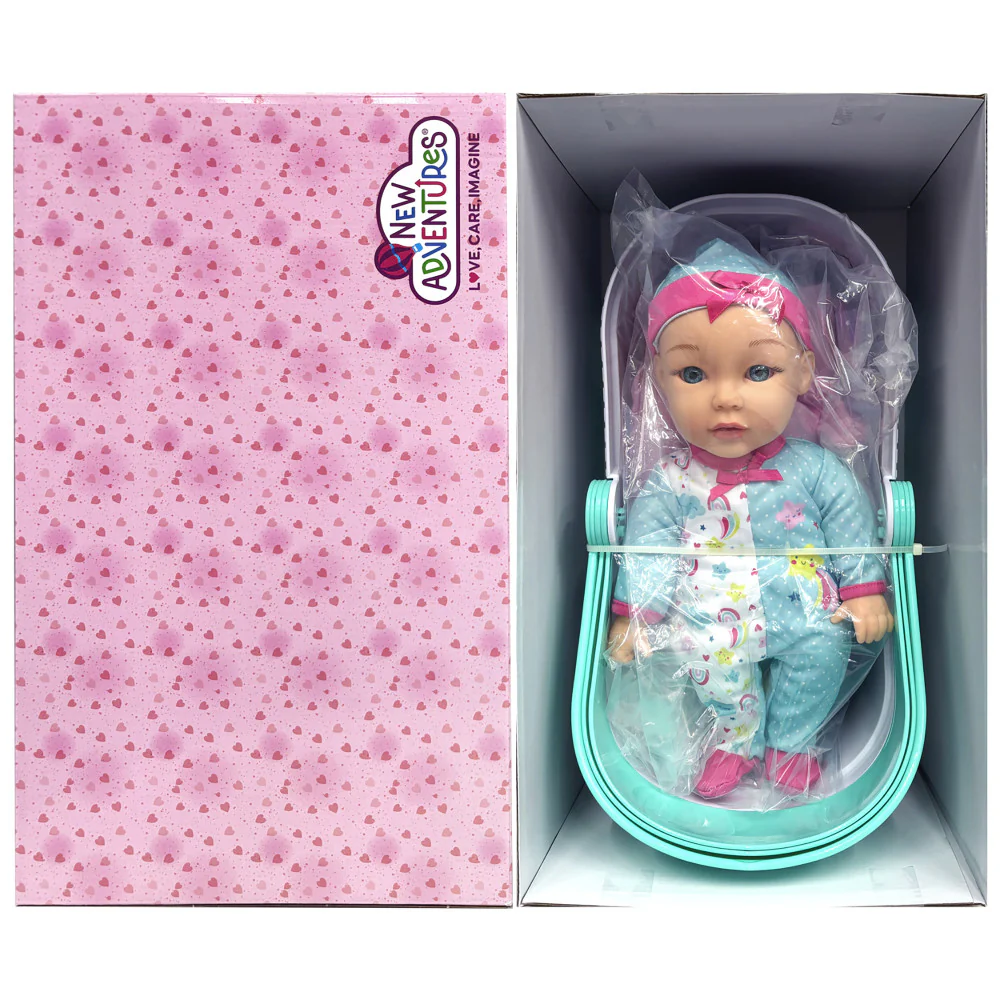 Little Darlings 12-Inch Bassinet Baby Doll Set - Teal, Pink, Stars - Image 6