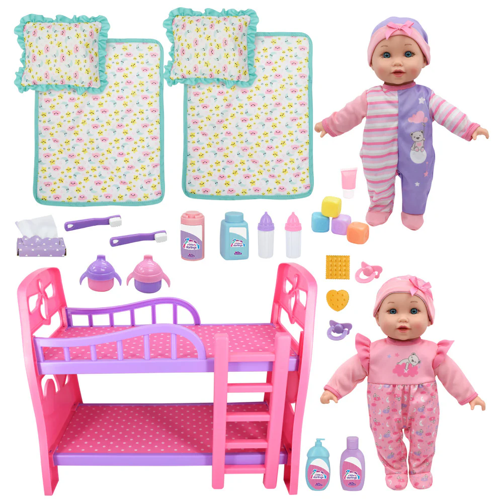 Little Darlings 12" - Twin Dolls Bedtime Fun Set 29pc - Pink, Purple, Green - Playset for Kids Ages 2+