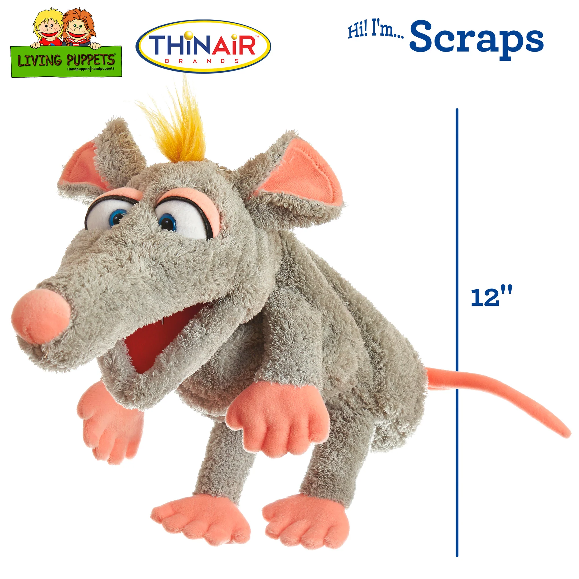 Living Puppets Handmade Scraps The Grey Mouse 12" Plush Hand Puppet - Image 2