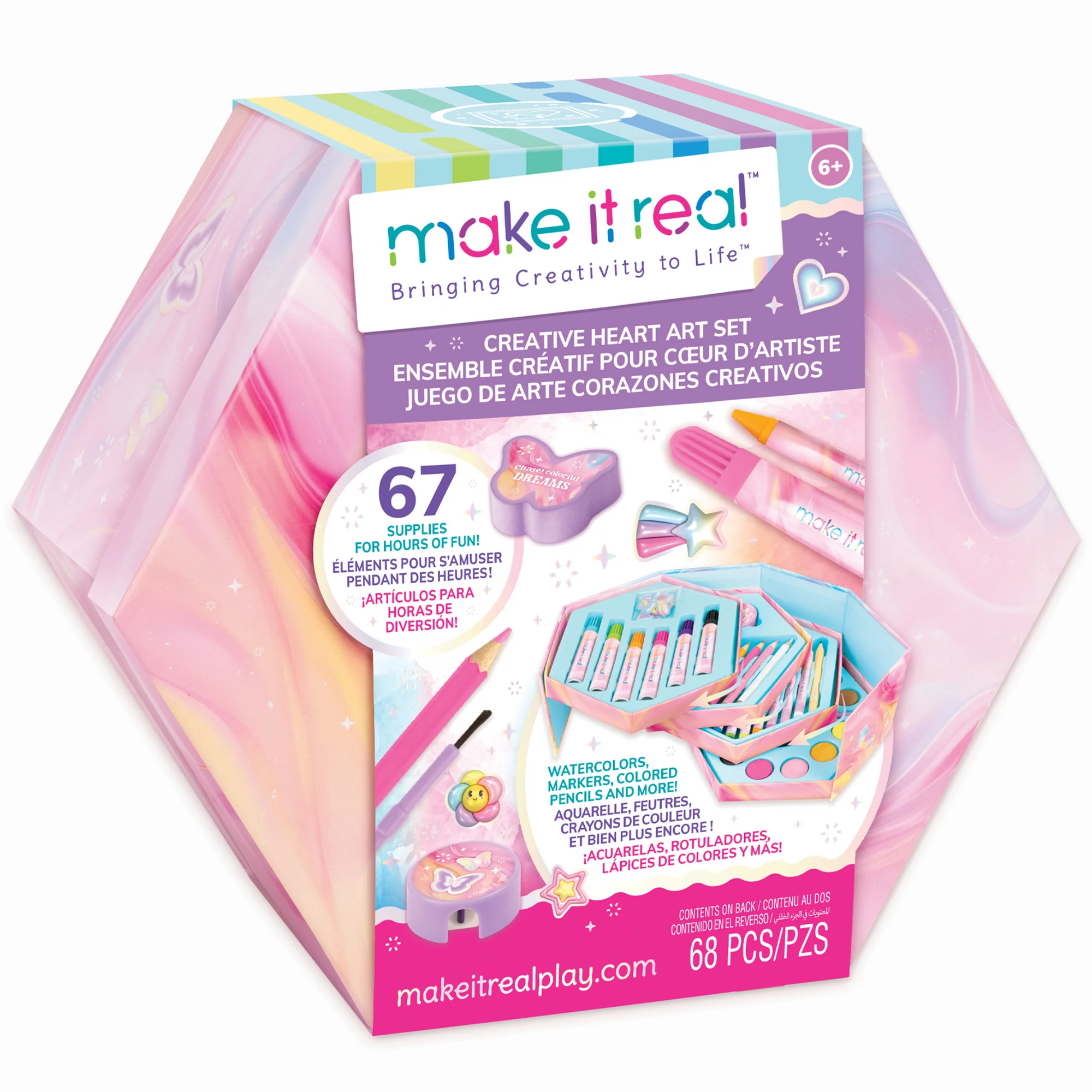Make It Real Creative Heart Art Studio Set - Hexagon 68pc Kit for Tween Girls