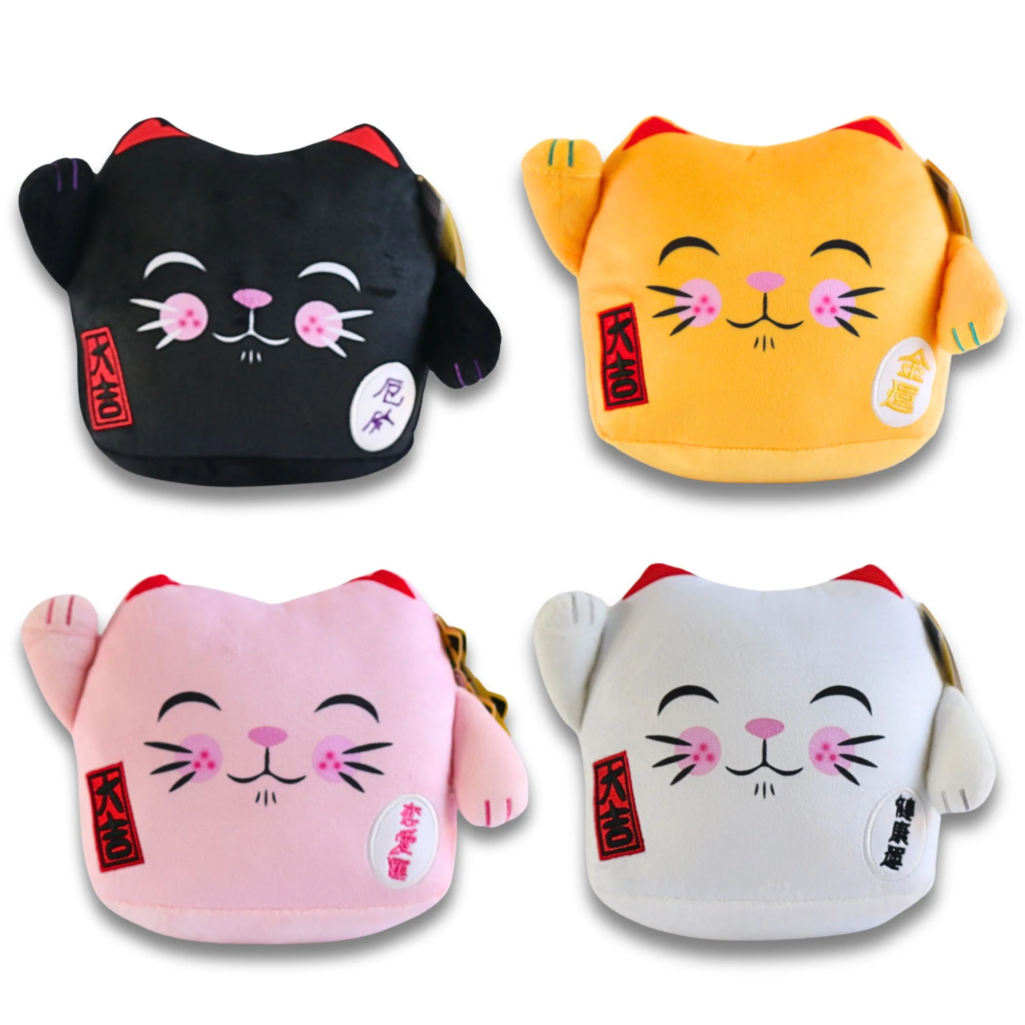Maneki Neko Lucky Cat Velboa Cushion - 8" Black Closed Eye