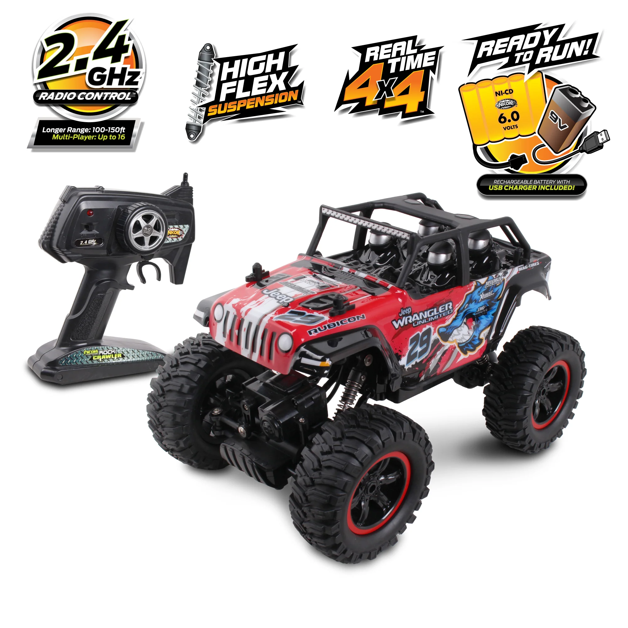 Mean Machines Radio Control 1:16 Jeep Wrangler Unlimited Rock Crawler - Black - Image 2