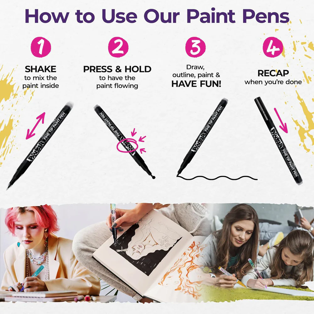 Pintar Acrylic Paint Markers - Extra Fine Tip 0.7mm, Black & White 6-Pack - Image 2