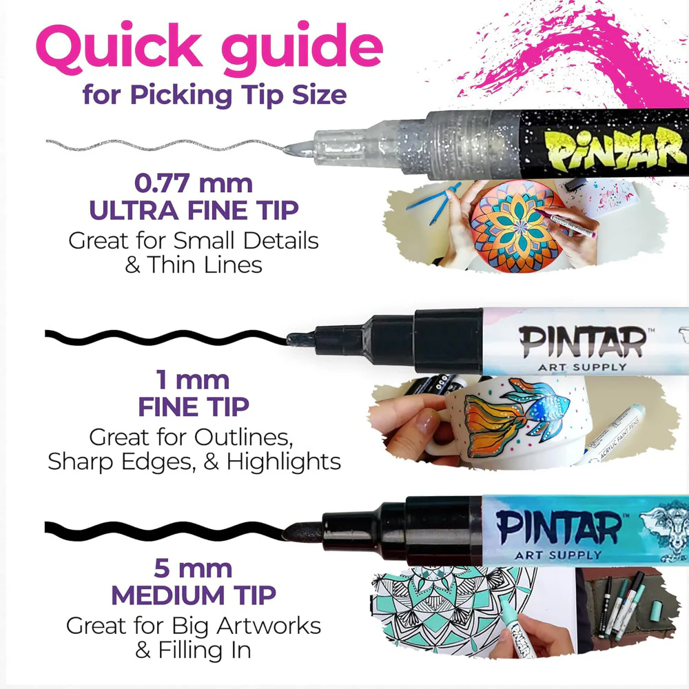 Pintar Glitter Collection Acrylic Paint Markers - Extra Fine Tip 0.7mm, 14 Pack - Image 4