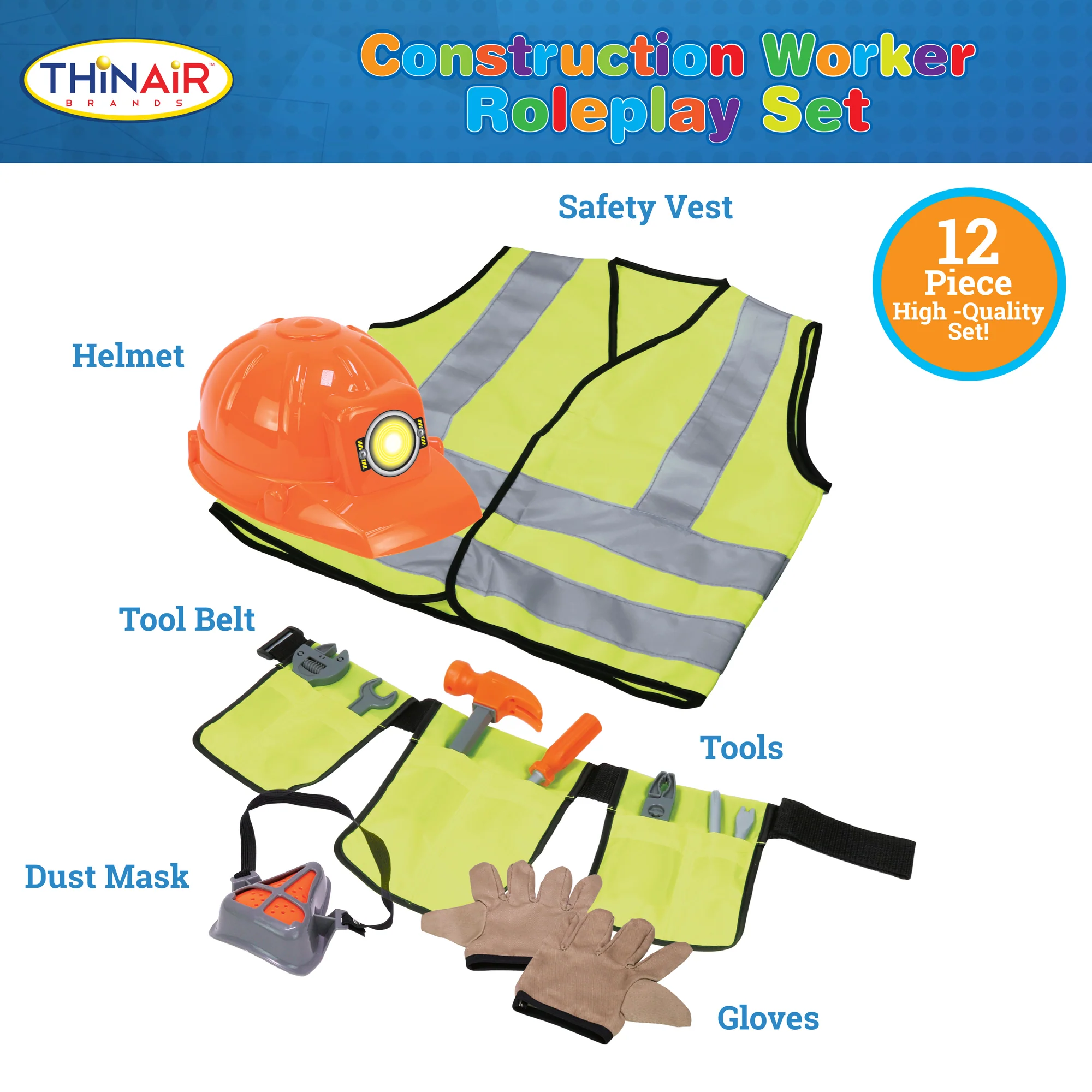 Playful Minds 12pc Construction Worker Dress-Up Set - Yellow/Orange - Kids 3+ - Image 2
